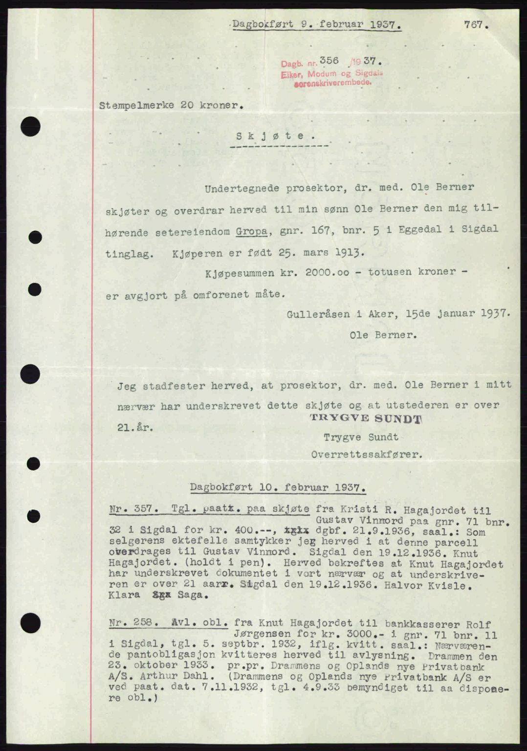 Eiker, Modum og Sigdal sorenskriveri, SAKO/A-123/G/Ga/Gab/L0034: Mortgage book no. A4, 1936-1937, Diary no: : 356/1937