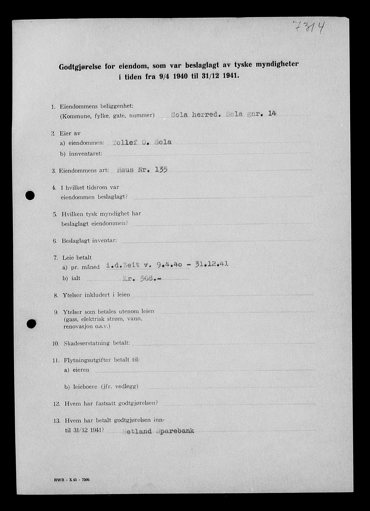 Justisdepartementet, Tilbakeføringskontoret for inndratte formuer, AV/RA-S-1564/I/L1015: Godtgjørelse for beslaglagt eiendom, 1940-1941, p. 259