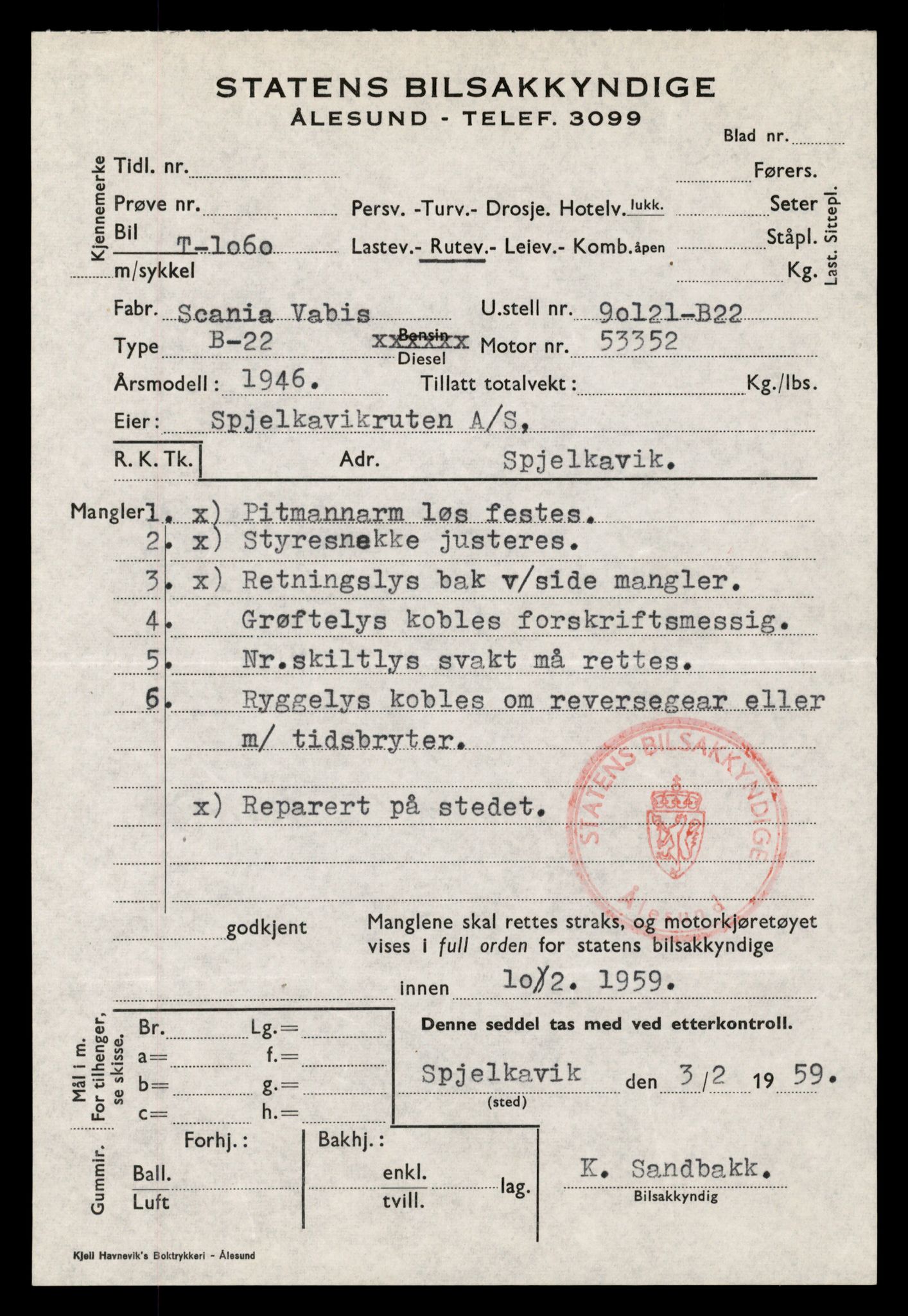 Møre og Romsdal vegkontor - Ålesund trafikkstasjon, AV/SAT-A-4099/F/Fe/L0010: Registreringskort for kjøretøy T 1050 - T 1169, 1927-1998, p. 288