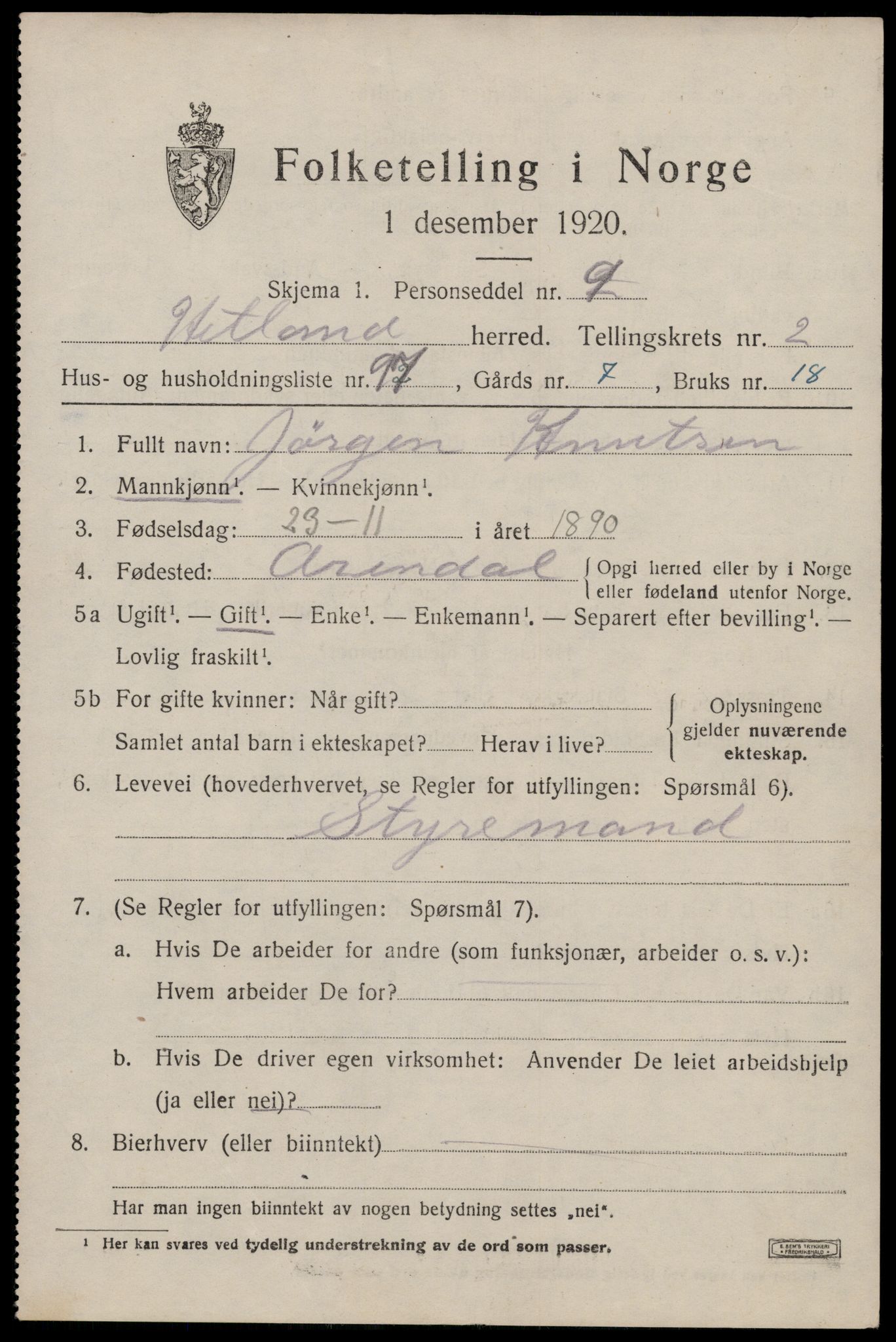 SAST, 1920 census for Hetland, 1920, p. 5205