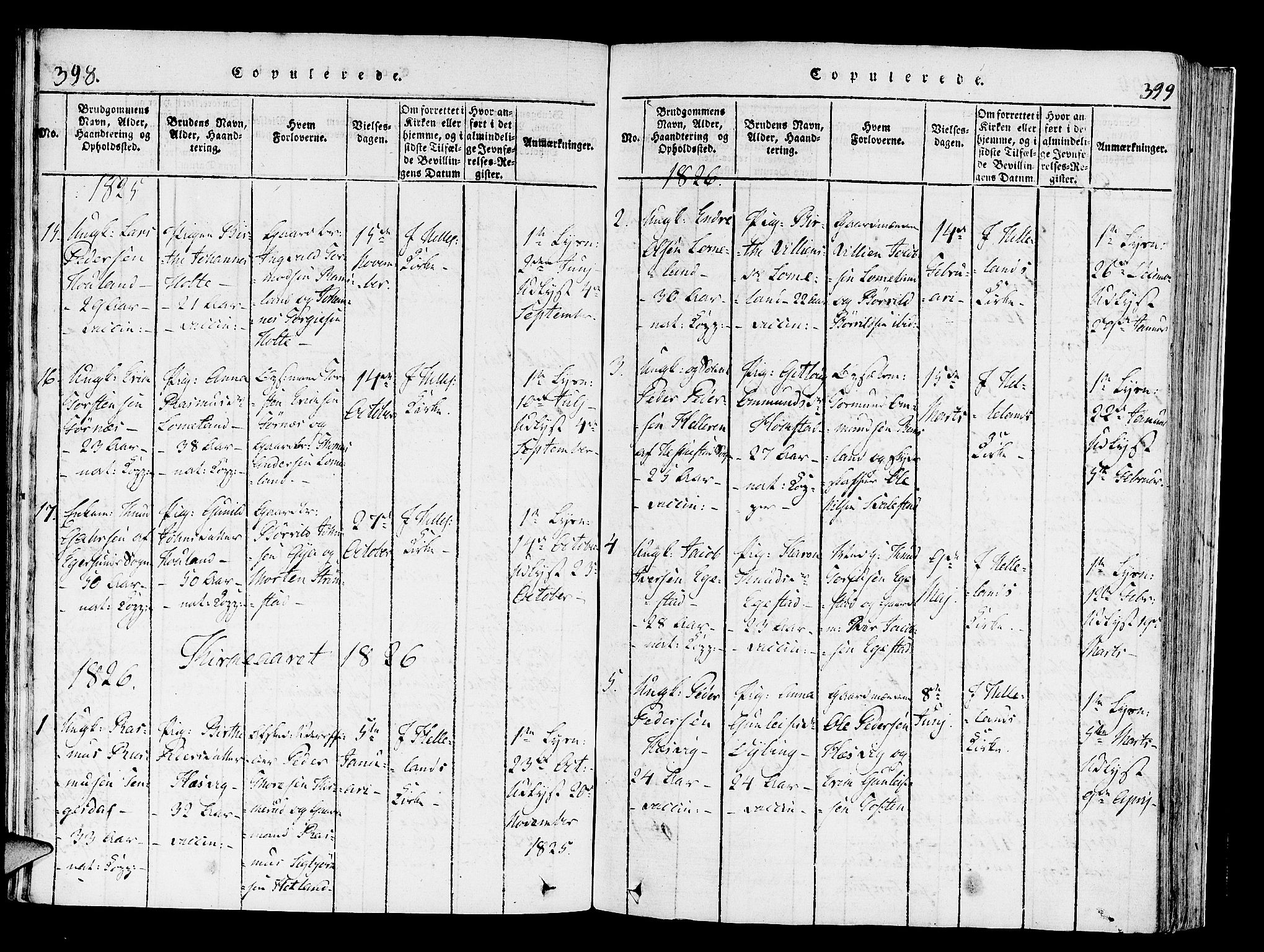 Helleland sokneprestkontor, SAST/A-101810: Parish register (official) no. A 4, 1815-1834, p. 398-399