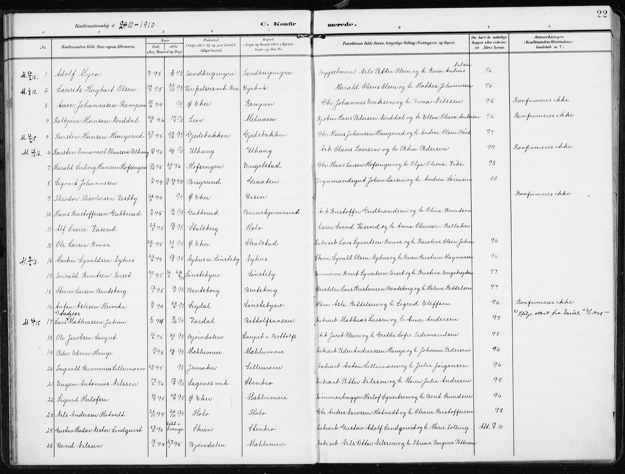 Modum kirkebøker, AV/SAKO-A-234/F/Fa/L0014b: Parish register (official) no. 14b, 1906-1917, p. 22