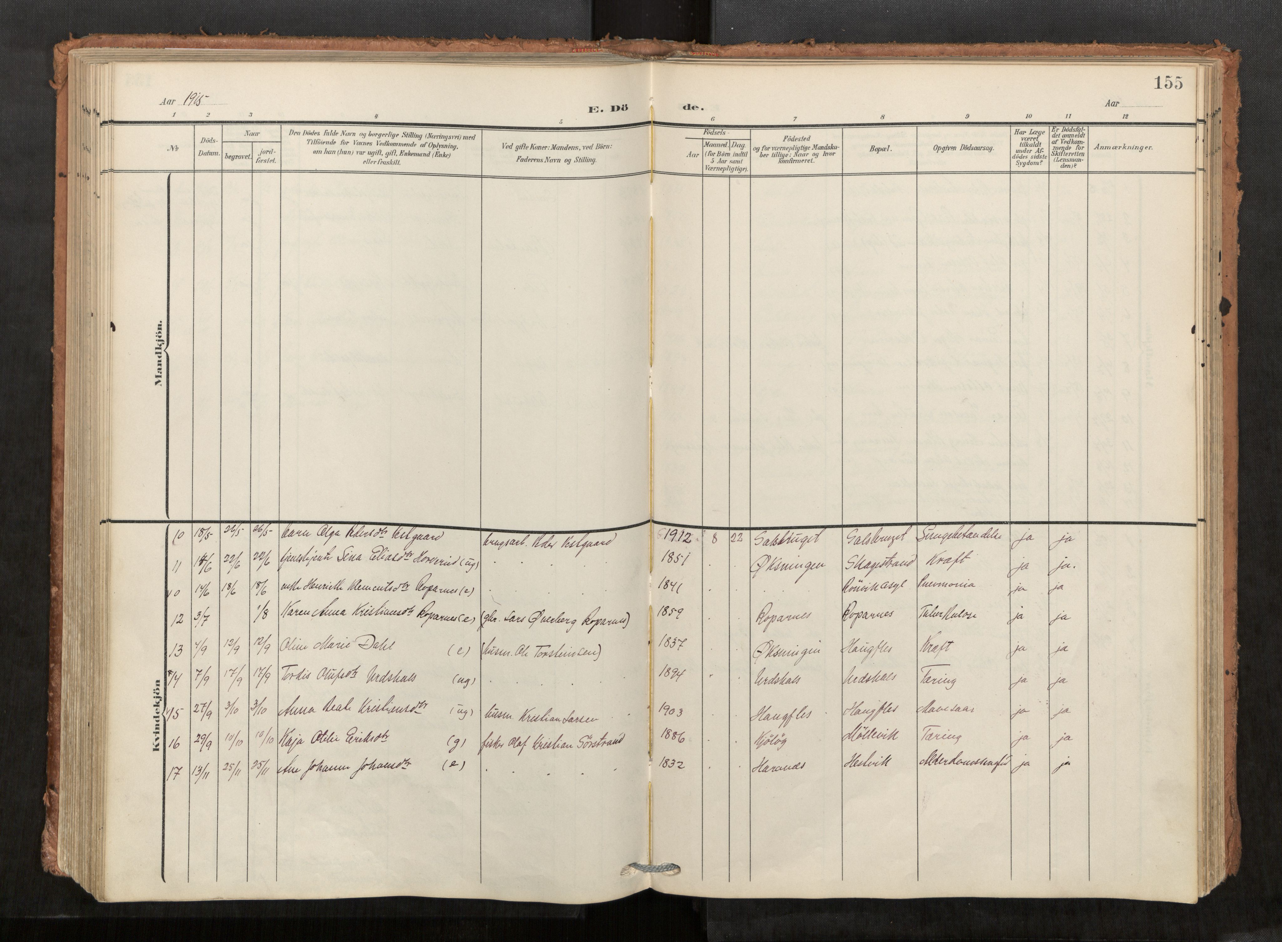 Kolvereid sokneprestkontor, SAT/A-1171/H/Ha/Haa/L0001: Parish register (official) no. 1, 1903-1922, p. 155