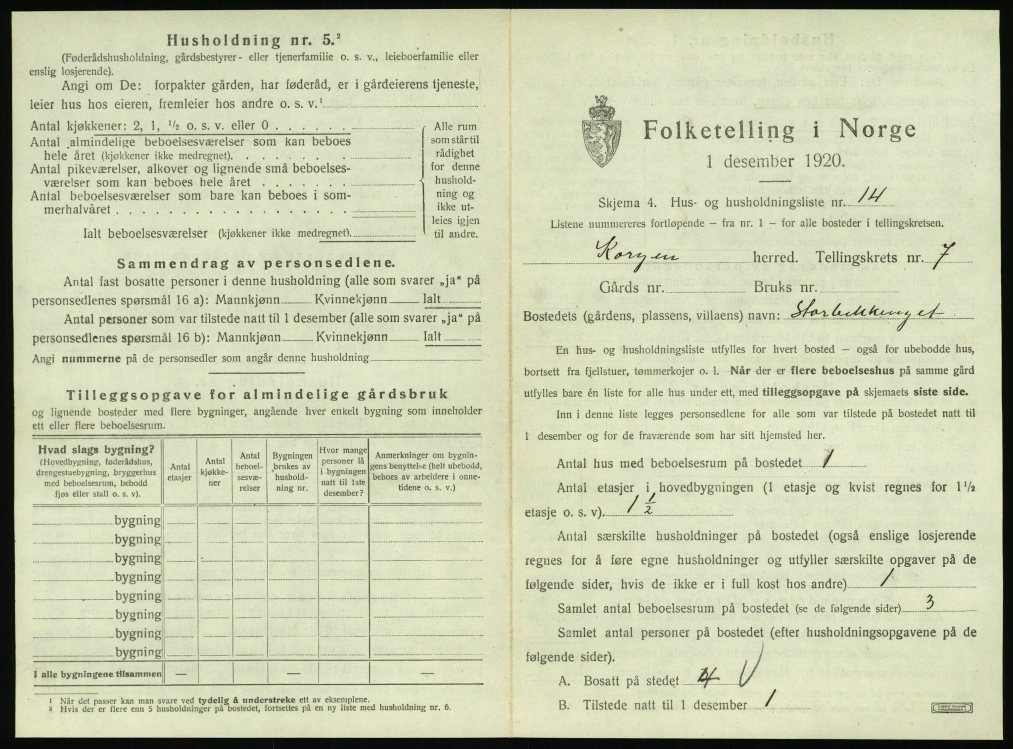 SAT, 1920 census for Korgen, 1920, p. 450