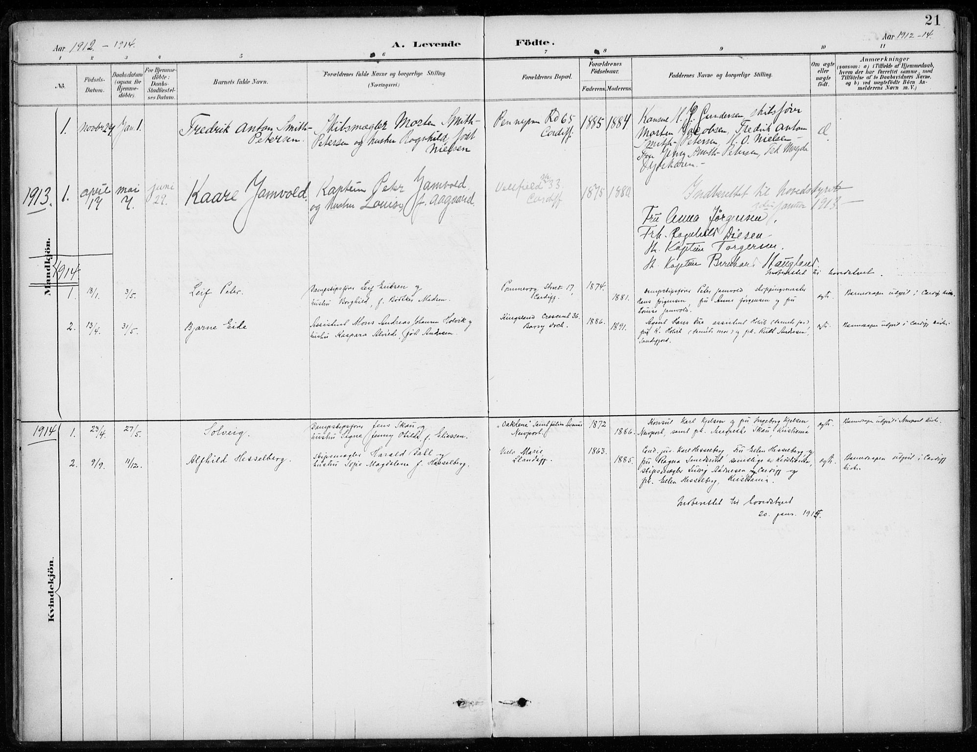 Den norske sjømannsmisjon i utlandet/Bristolhavnene(Cardiff-Swansea), SAB/SAB/PA-0102/H/Ha/Haa/L0002: Parish register (official) no. A 2, 1887-1932, p. 21