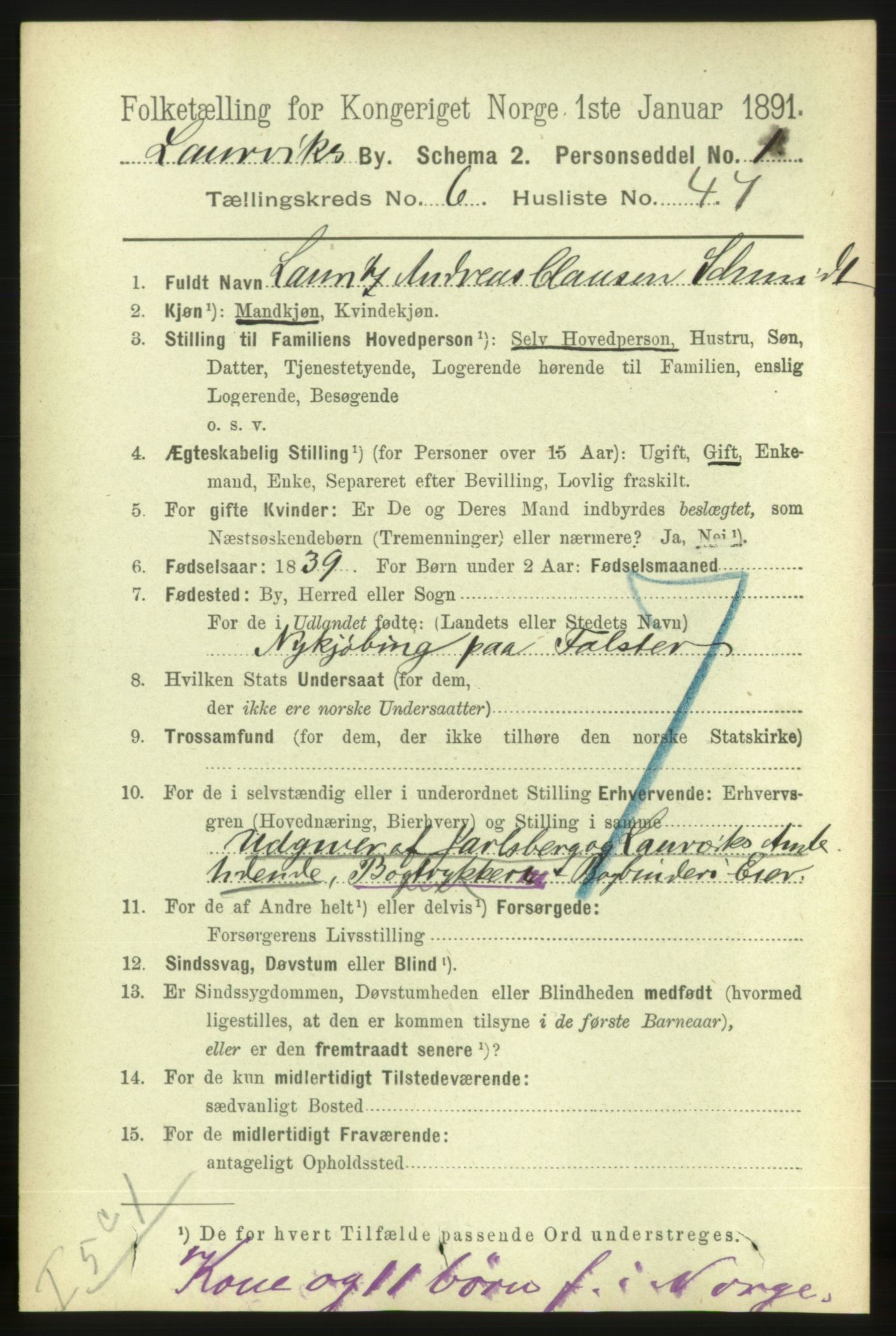 RA, 1891 census for 0707 Larvik, 1891, p. 7132