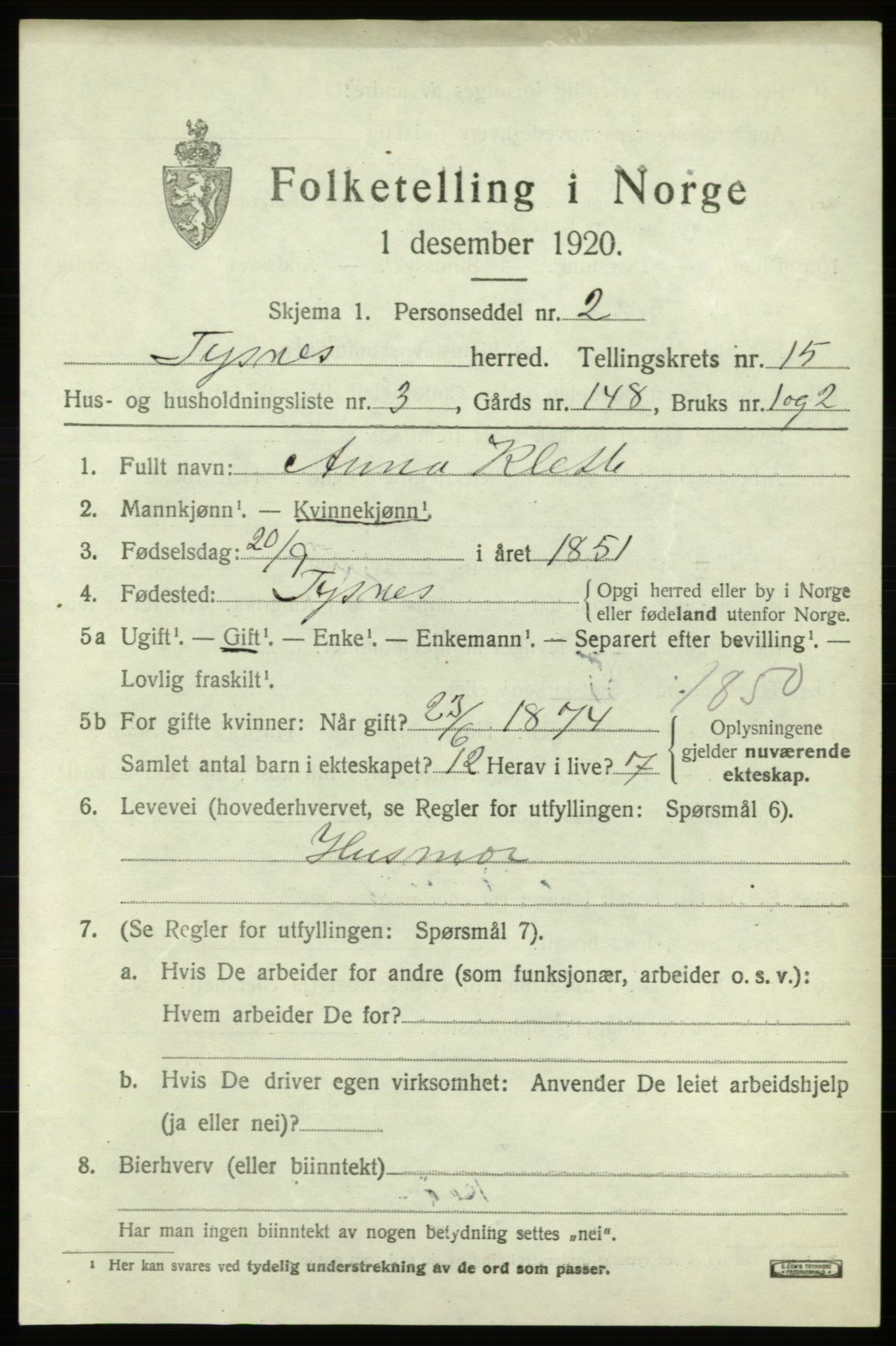 SAB, 1920 census for Tysnes, 1920, p. 9962