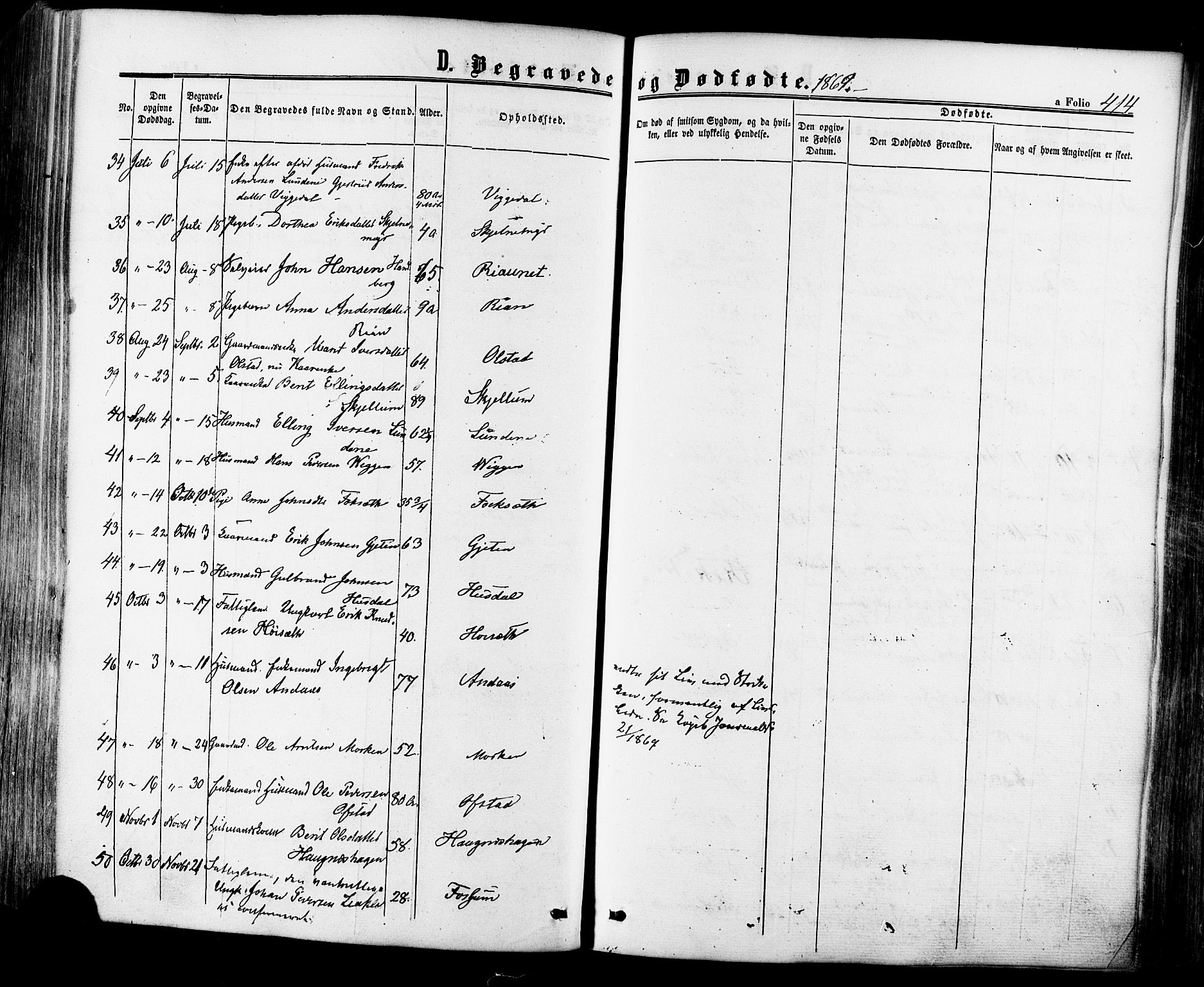 Ministerialprotokoller, klokkerbøker og fødselsregistre - Sør-Trøndelag, SAT/A-1456/665/L0772: Parish register (official) no. 665A07, 1856-1878, p. 414