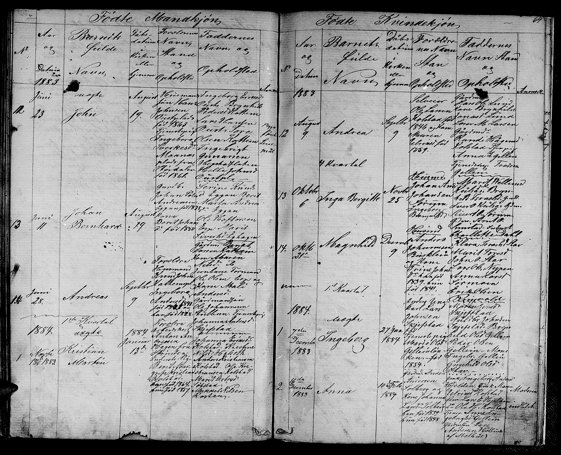 Ministerialprotokoller, klokkerbøker og fødselsregistre - Sør-Trøndelag, SAT/A-1456/613/L0394: Parish register (copy) no. 613C02, 1862-1886, p. 64