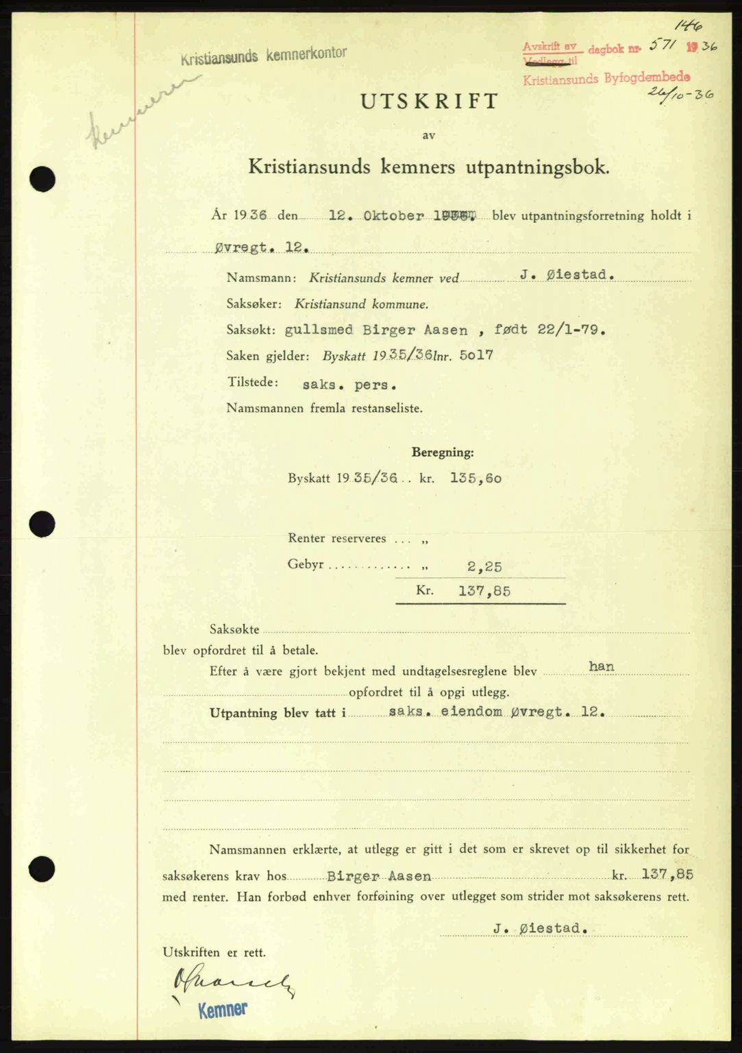 Kristiansund byfogd, AV/SAT-A-4587/A/27: Mortgage book no. 29, 1936-1937, Diary no: : 571/1936