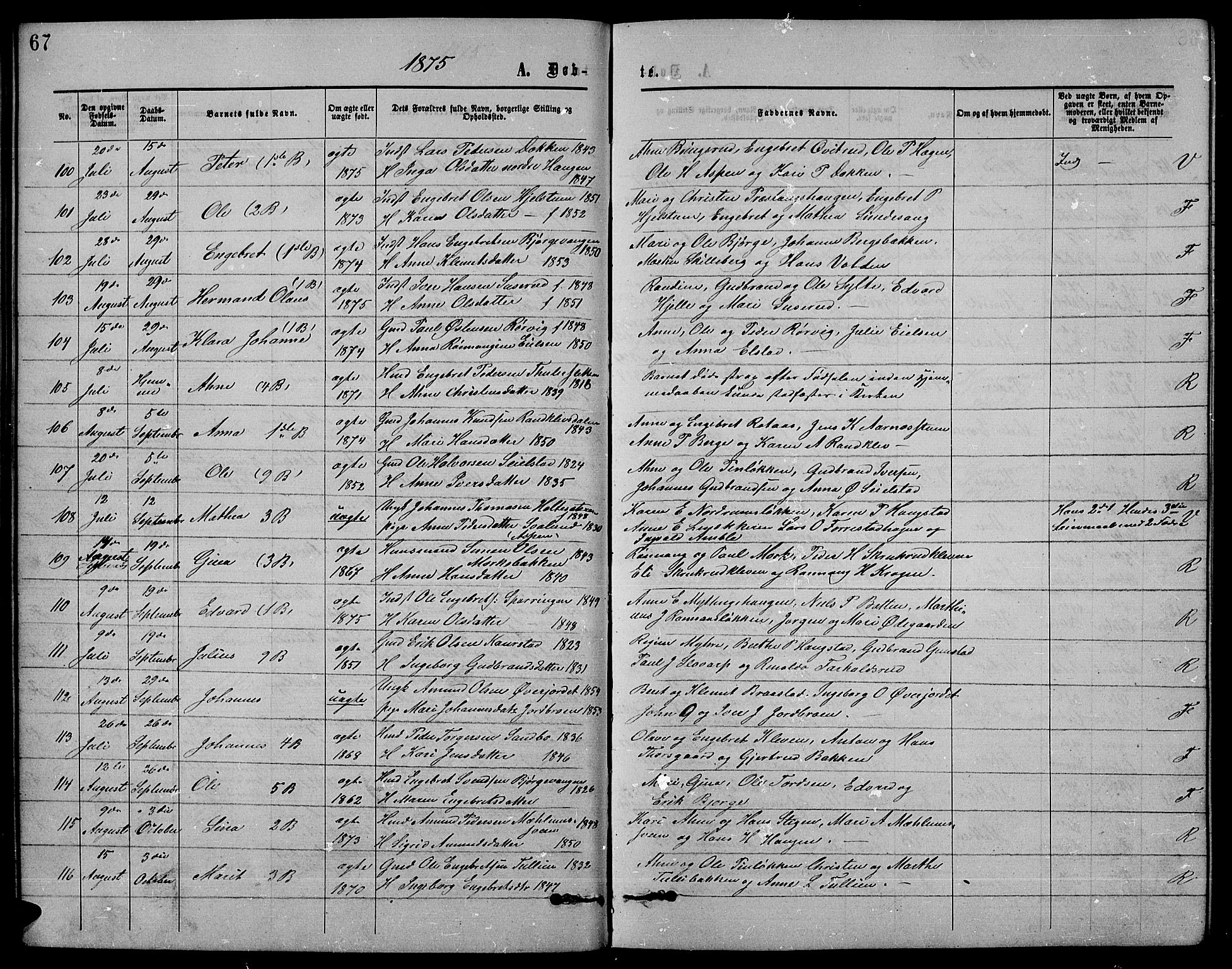 Ringebu prestekontor, SAH/PREST-082/H/Ha/Hab/L0004: Parish register (copy) no. 4, 1867-1879, p. 67