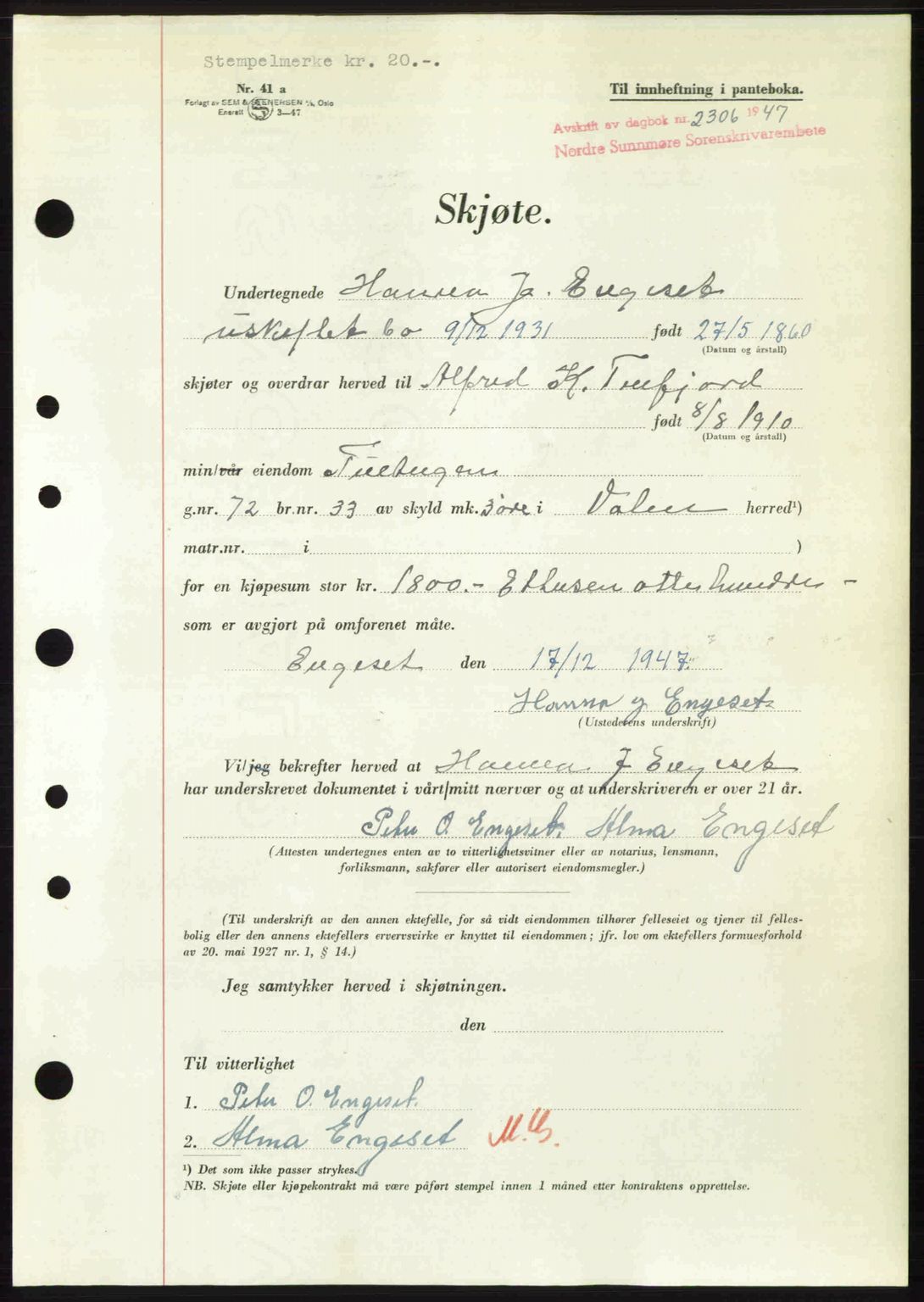 Nordre Sunnmøre sorenskriveri, AV/SAT-A-0006/1/2/2C/2Ca: Mortgage book no. A26, 1947-1948, Diary no: : 2306/1947