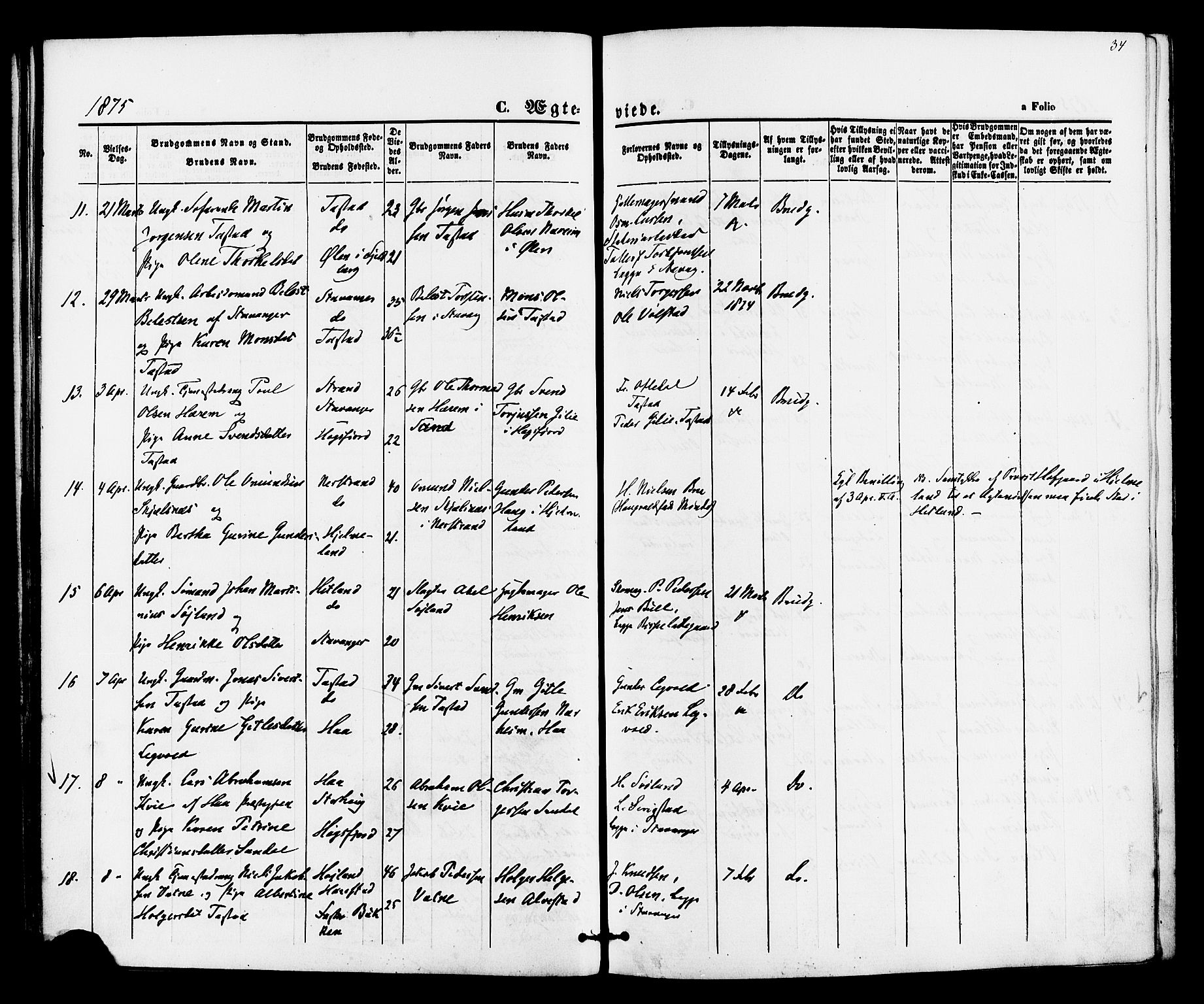 Hetland sokneprestkontor, AV/SAST-A-101826/30/30BA/L0005: Parish register (official) no. A 5, 1869-1884, p. 34