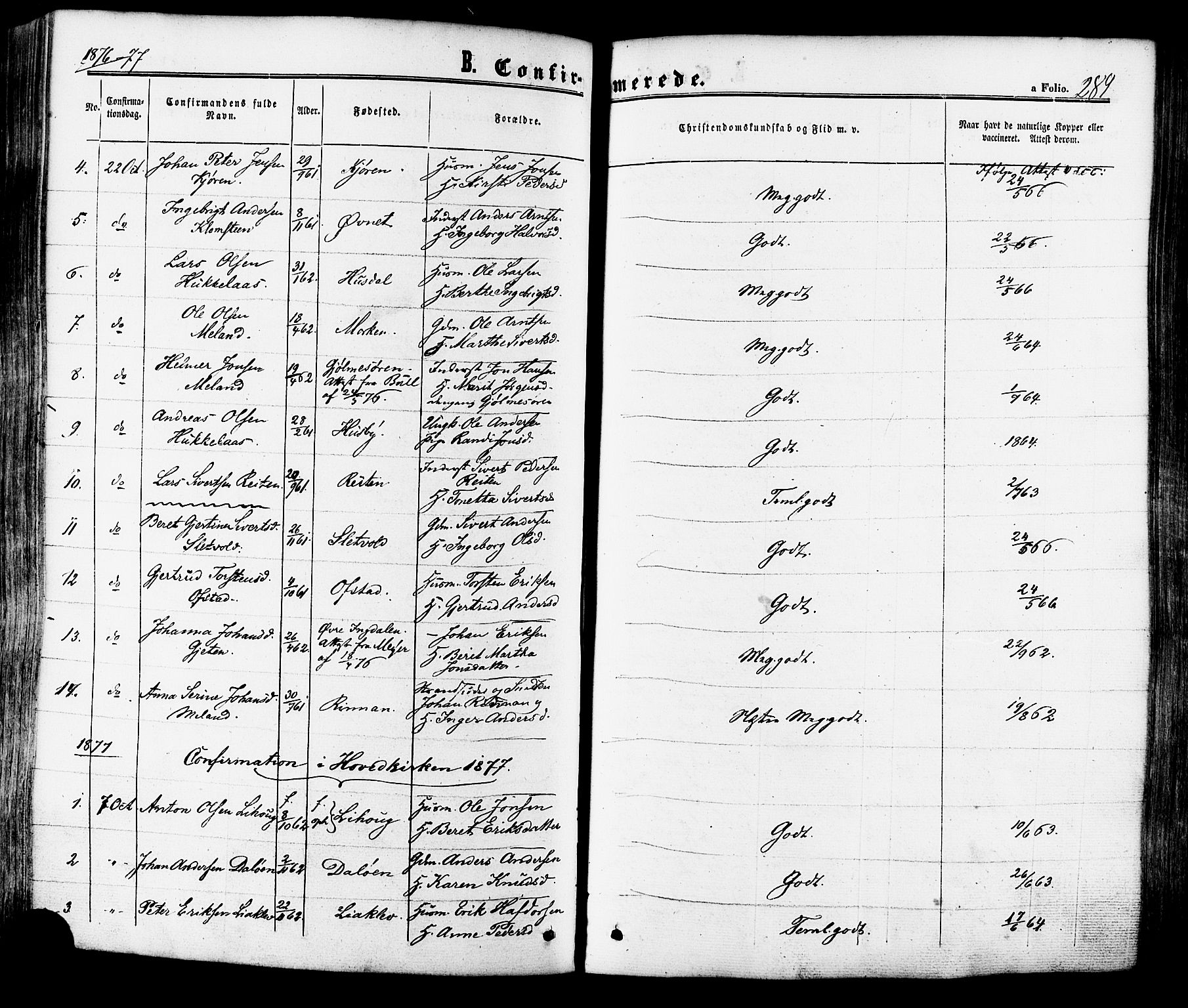 Ministerialprotokoller, klokkerbøker og fødselsregistre - Sør-Trøndelag, SAT/A-1456/665/L0772: Parish register (official) no. 665A07, 1856-1878, p. 289