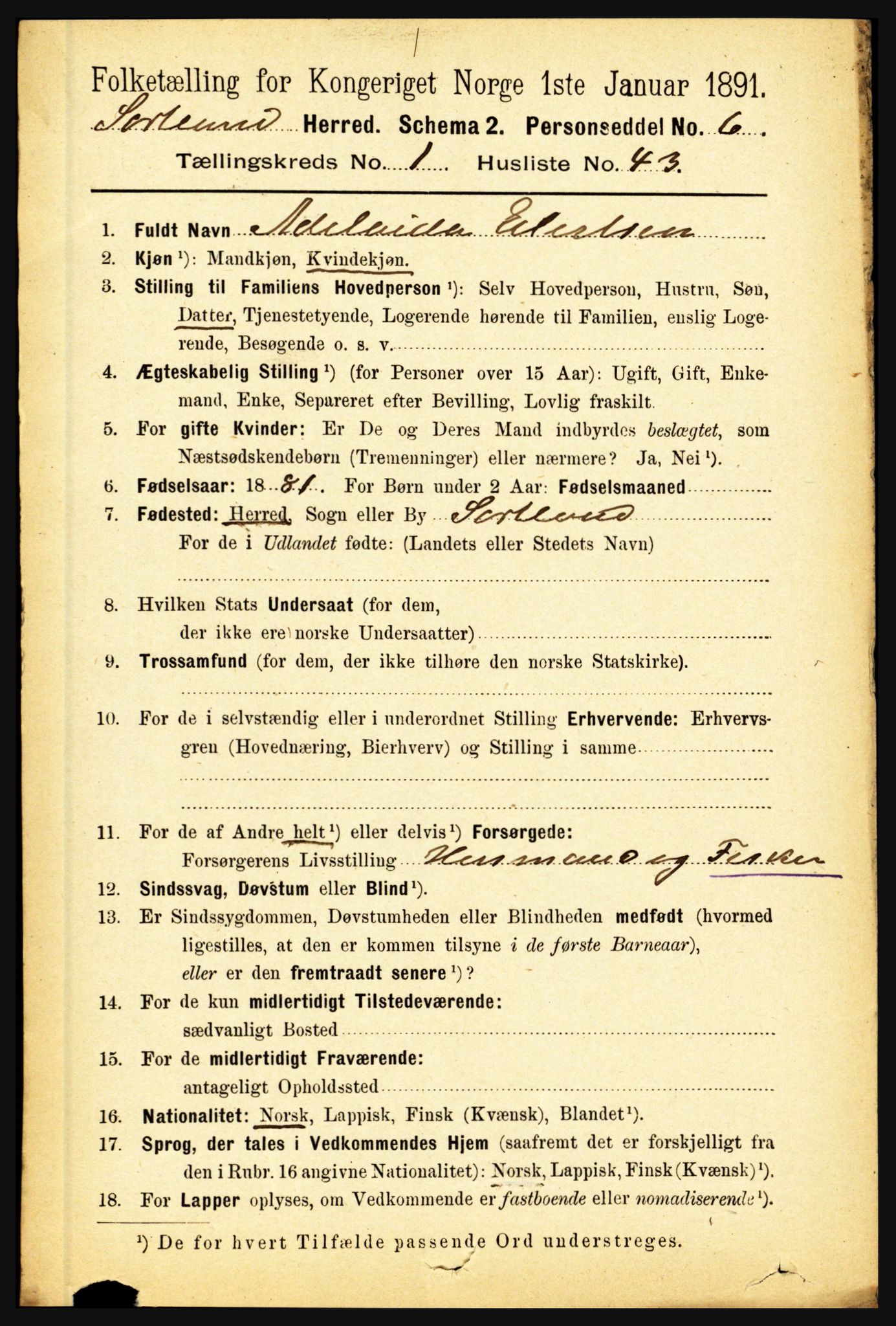 RA, 1891 census for 1870 Sortland, 1891, p. 384