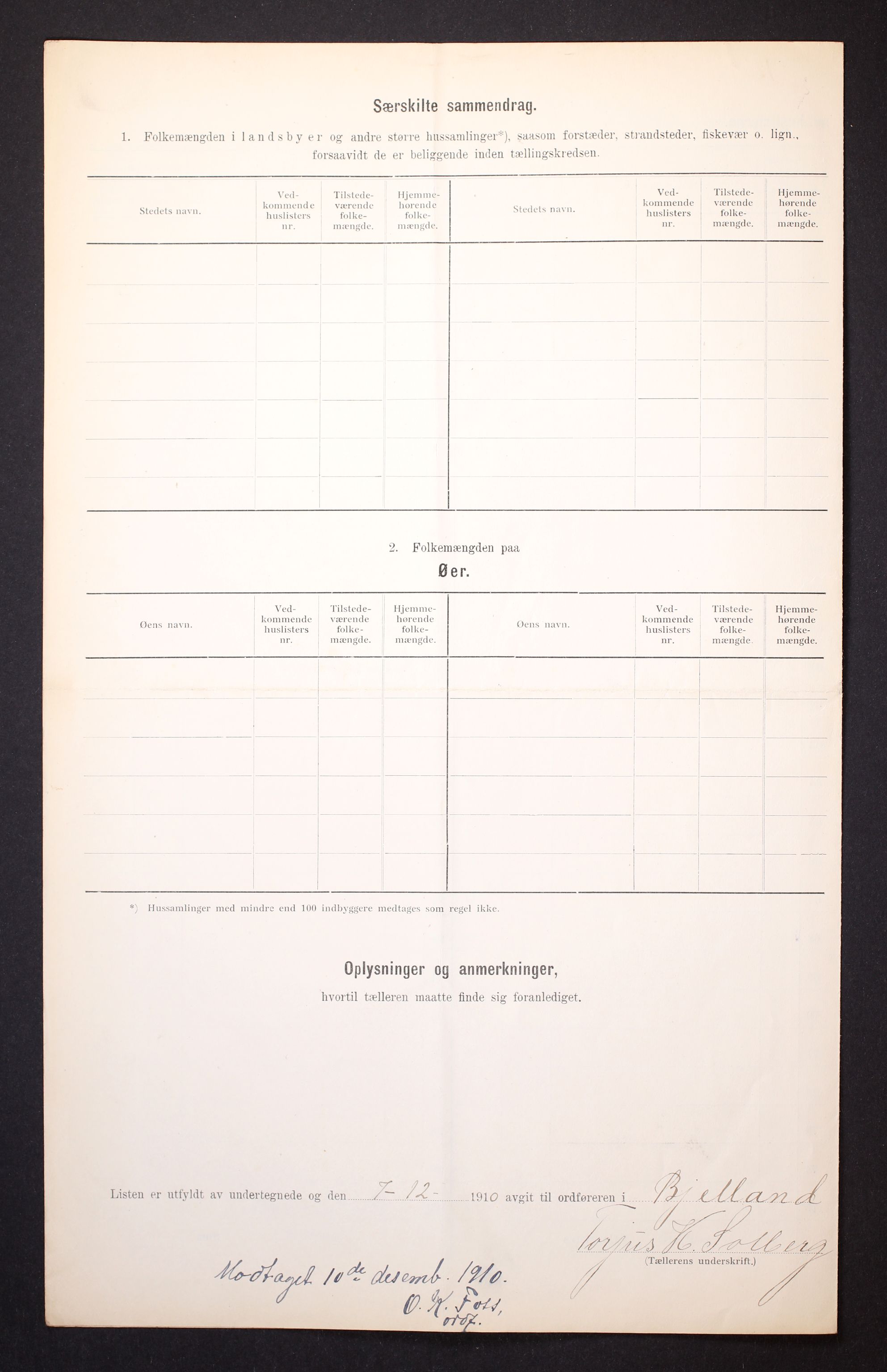 RA, 1910 census for Bjelland, 1910, p. 24