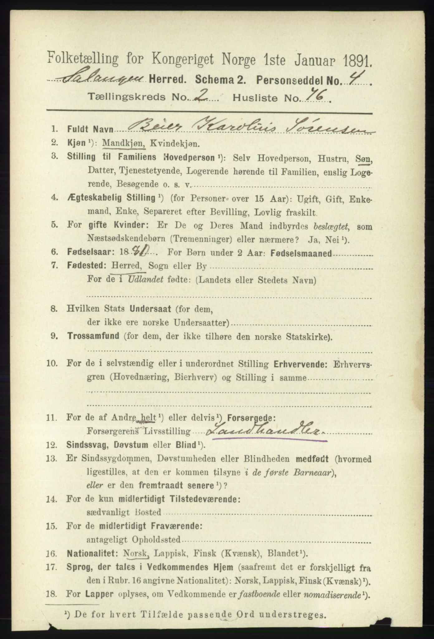 RA, 1891 census for 1921 Salangen, 1891, p. 1137