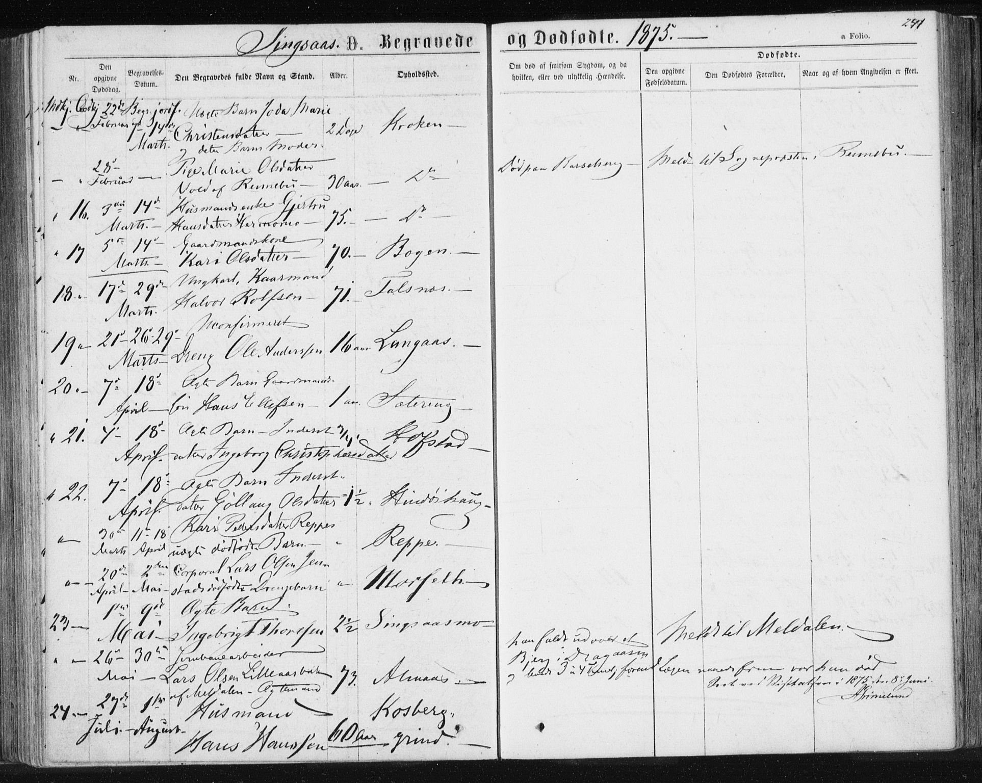 Ministerialprotokoller, klokkerbøker og fødselsregistre - Sør-Trøndelag, SAT/A-1456/685/L0970: Parish register (official) no. 685A08 /2, 1870-1878, p. 241