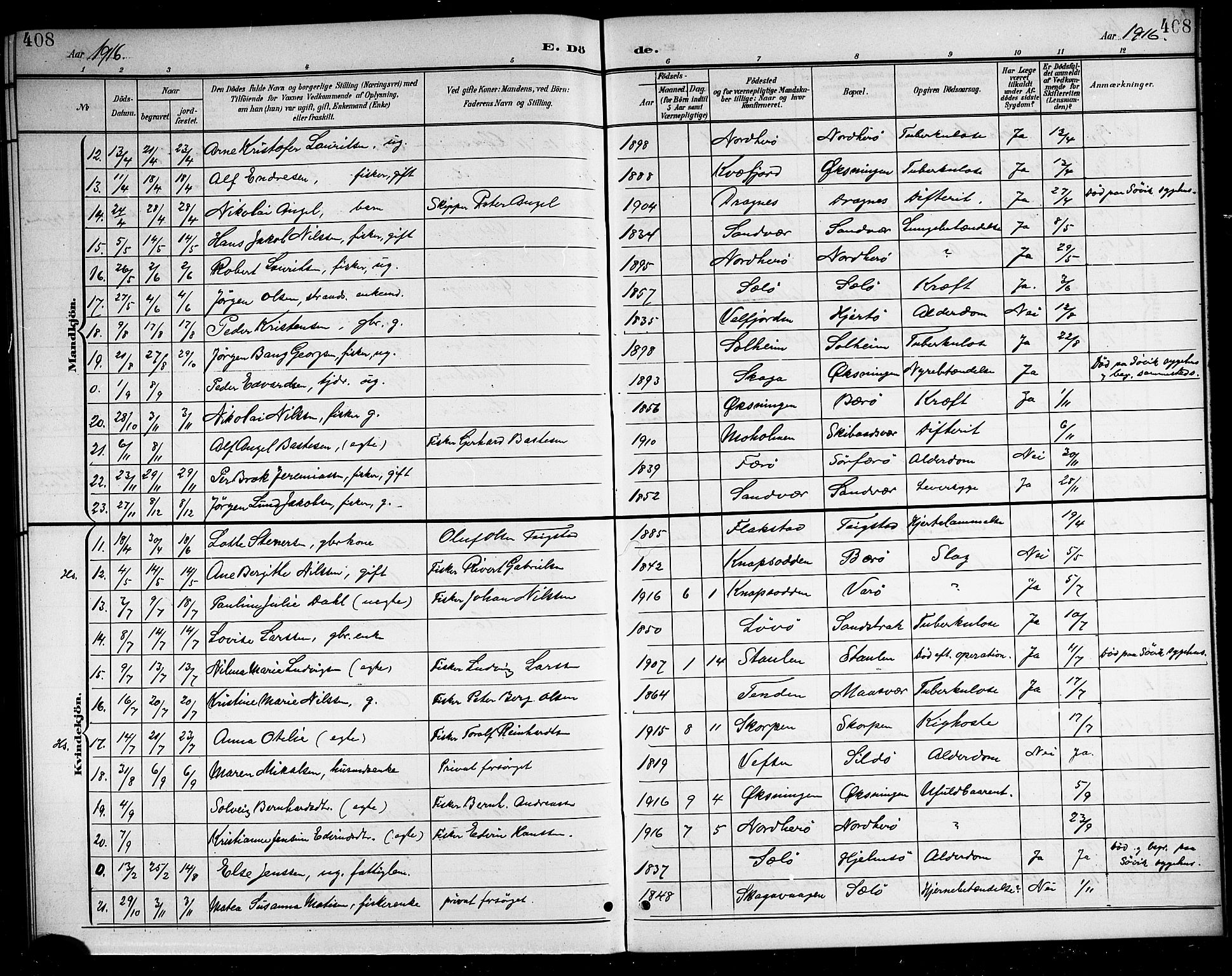 Ministerialprotokoller, klokkerbøker og fødselsregistre - Nordland, SAT/A-1459/834/L0516: Parish register (copy) no. 834C06, 1902-1918, p. 408