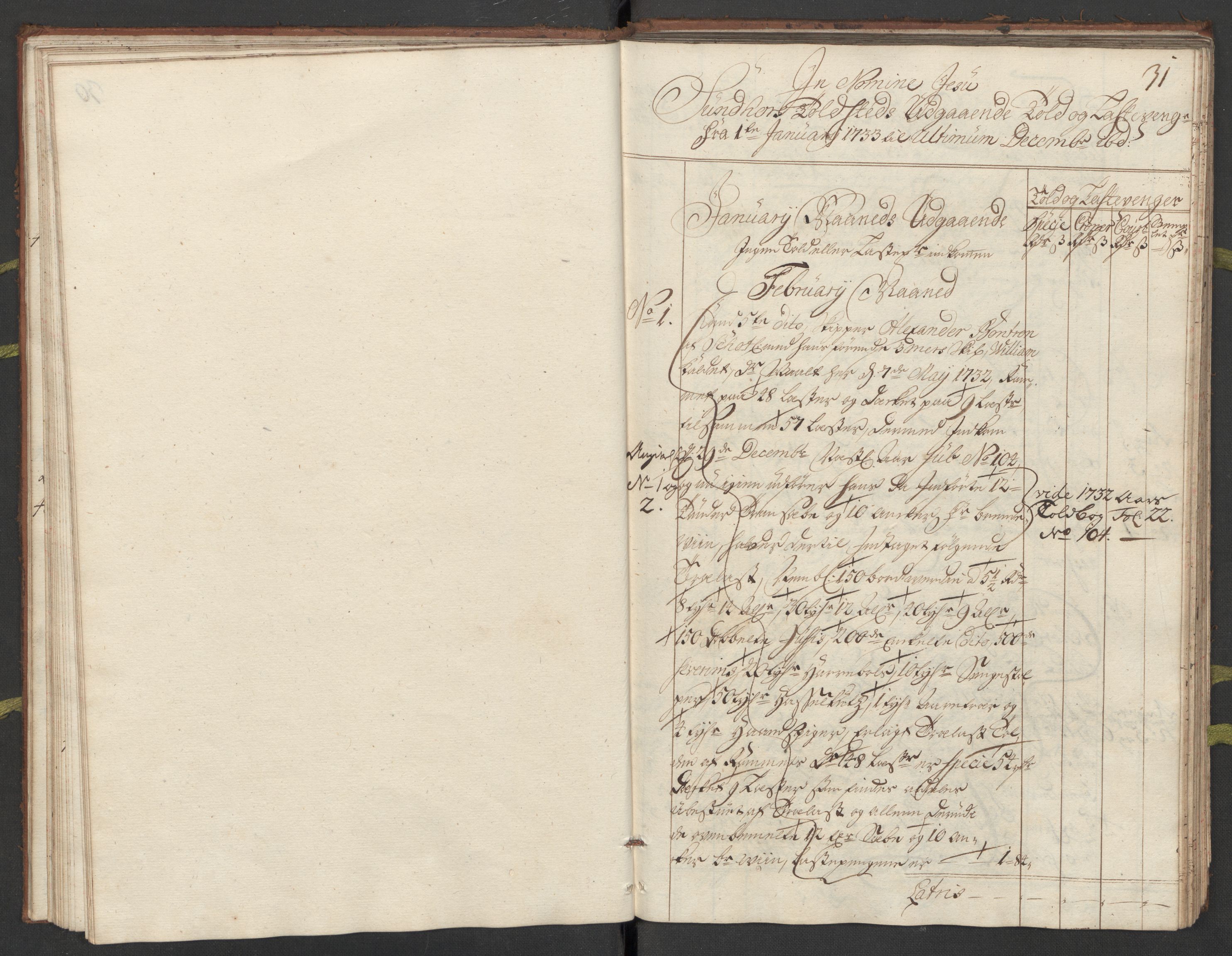 Generaltollkammeret, tollregnskaper, RA/EA-5490/R24/L0009/0001: Tollregnskaper Sunnhordland / Hovedtollbok, 1733, p. 30b-31a