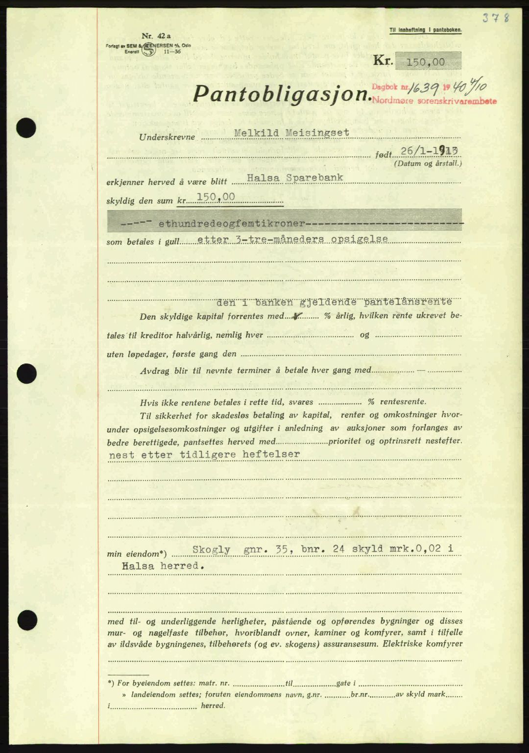 Nordmøre sorenskriveri, AV/SAT-A-4132/1/2/2Ca: Mortgage book no. B87, 1940-1941, Diary no: : 1639/1940