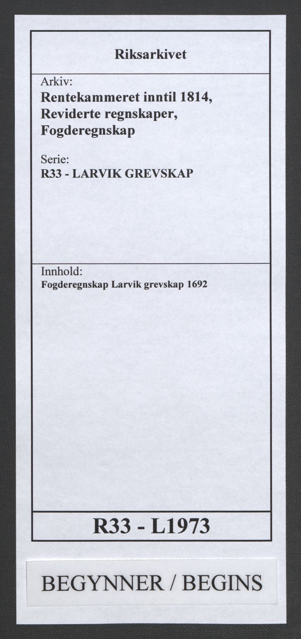 Rentekammeret inntil 1814, Reviderte regnskaper, Fogderegnskap, RA/EA-4092/R33/L1973: Fogderegnskap Larvik grevskap, 1692, p. 1
