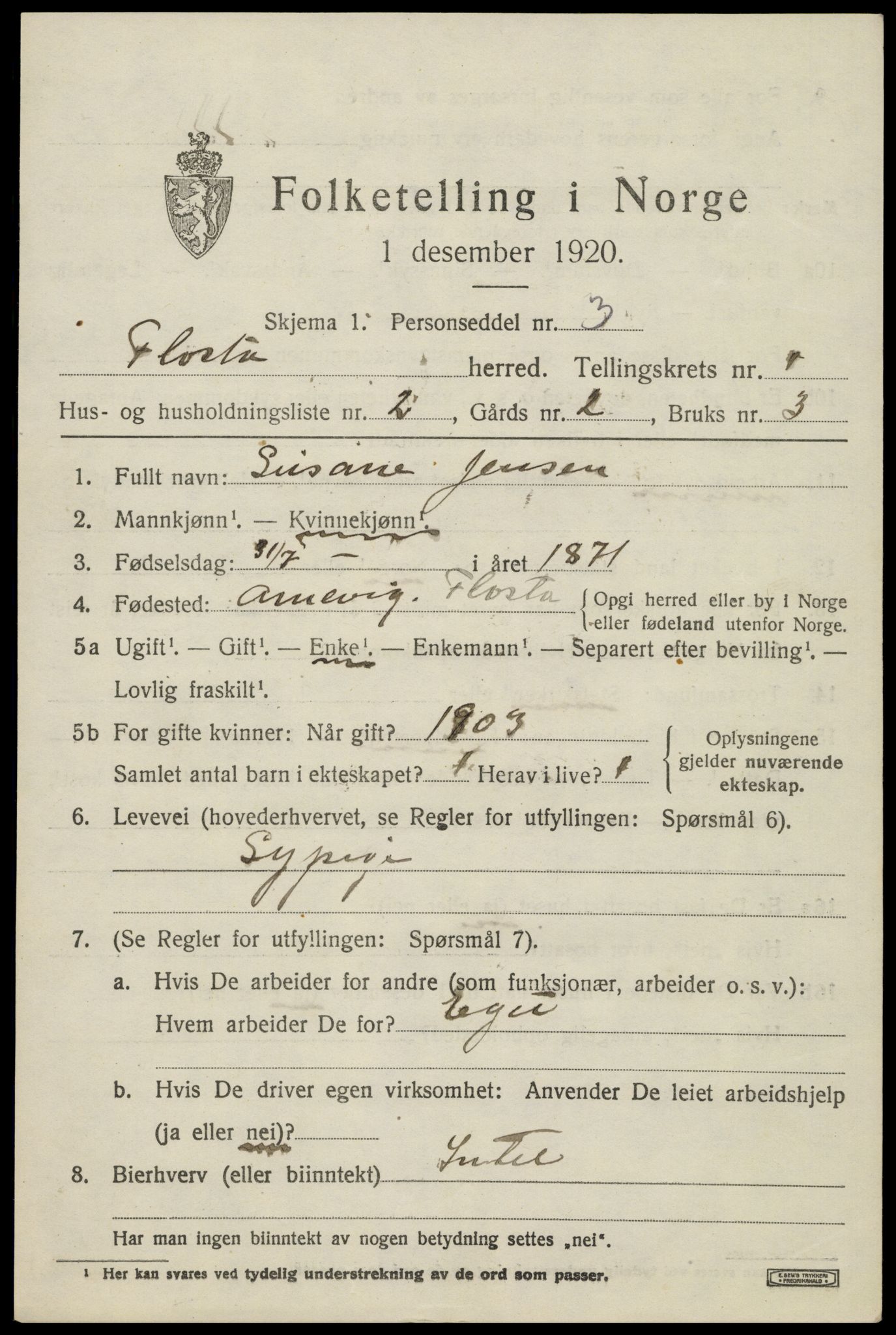 SAK, 1920 census for Flosta, 1920, p. 858