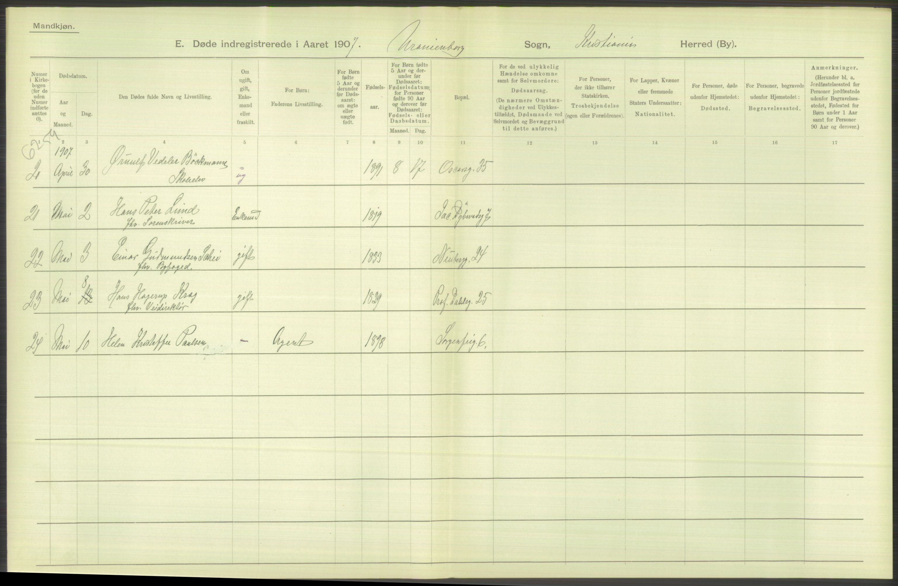 Statistisk sentralbyrå, Sosiodemografiske emner, Befolkning, AV/RA-S-2228/D/Df/Dfa/Dfae/L0010: Kristiania: Døde, dødfødte, 1907, p. 506