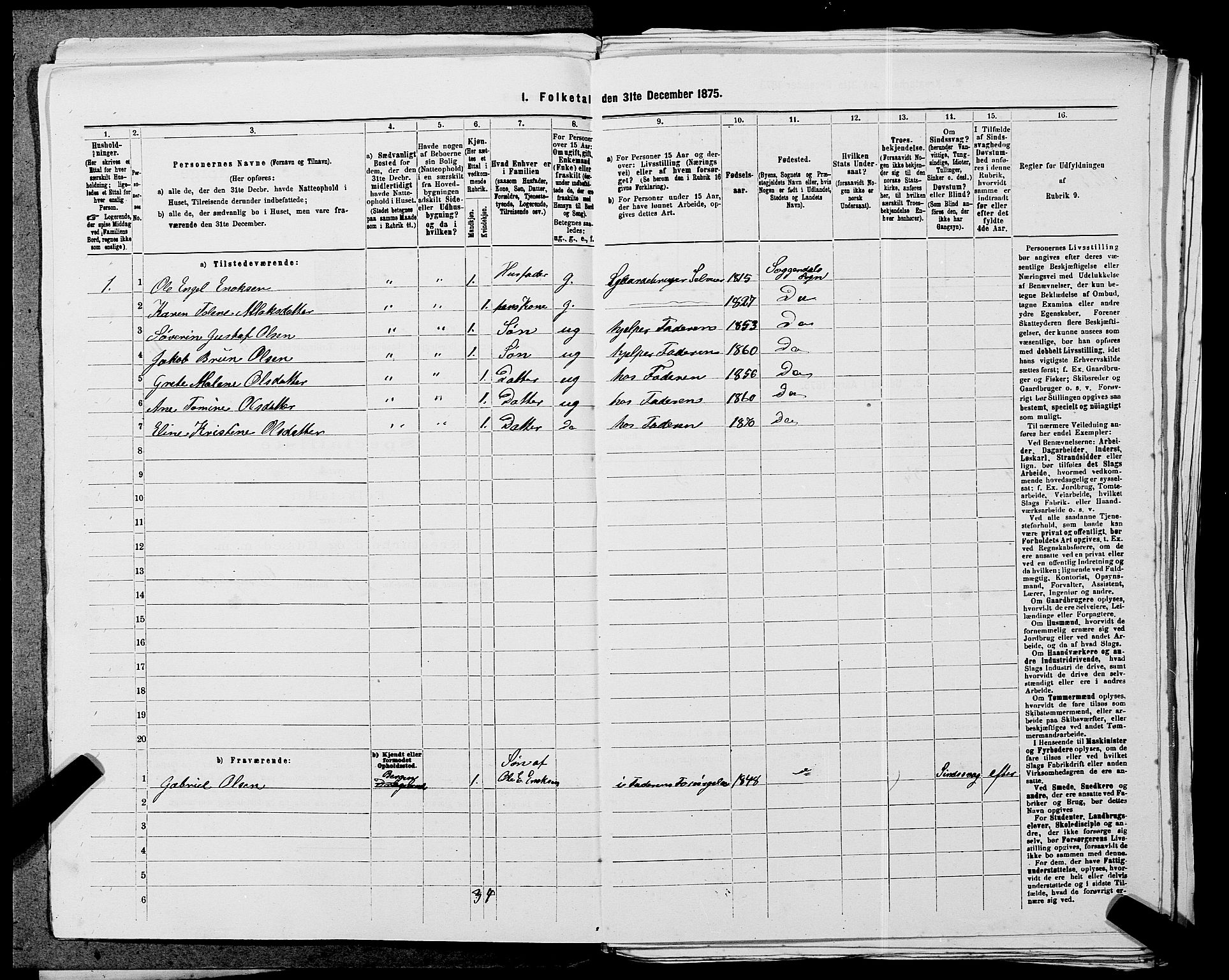 SAST, 1875 census for 1111L Sokndal/Sokndal, 1875, p. 813