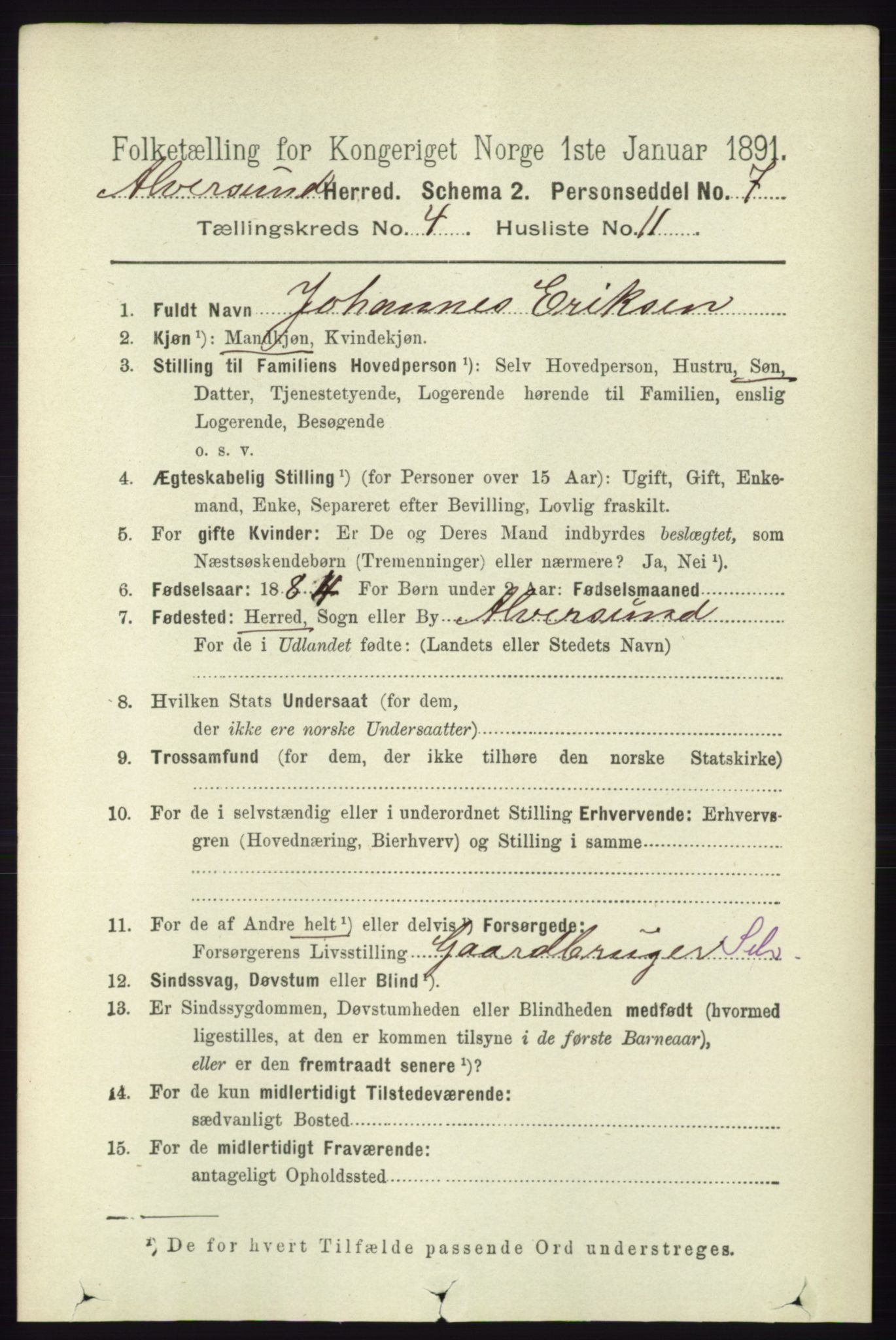 RA, 1891 census for 1257 Alversund, 1891, p. 1694