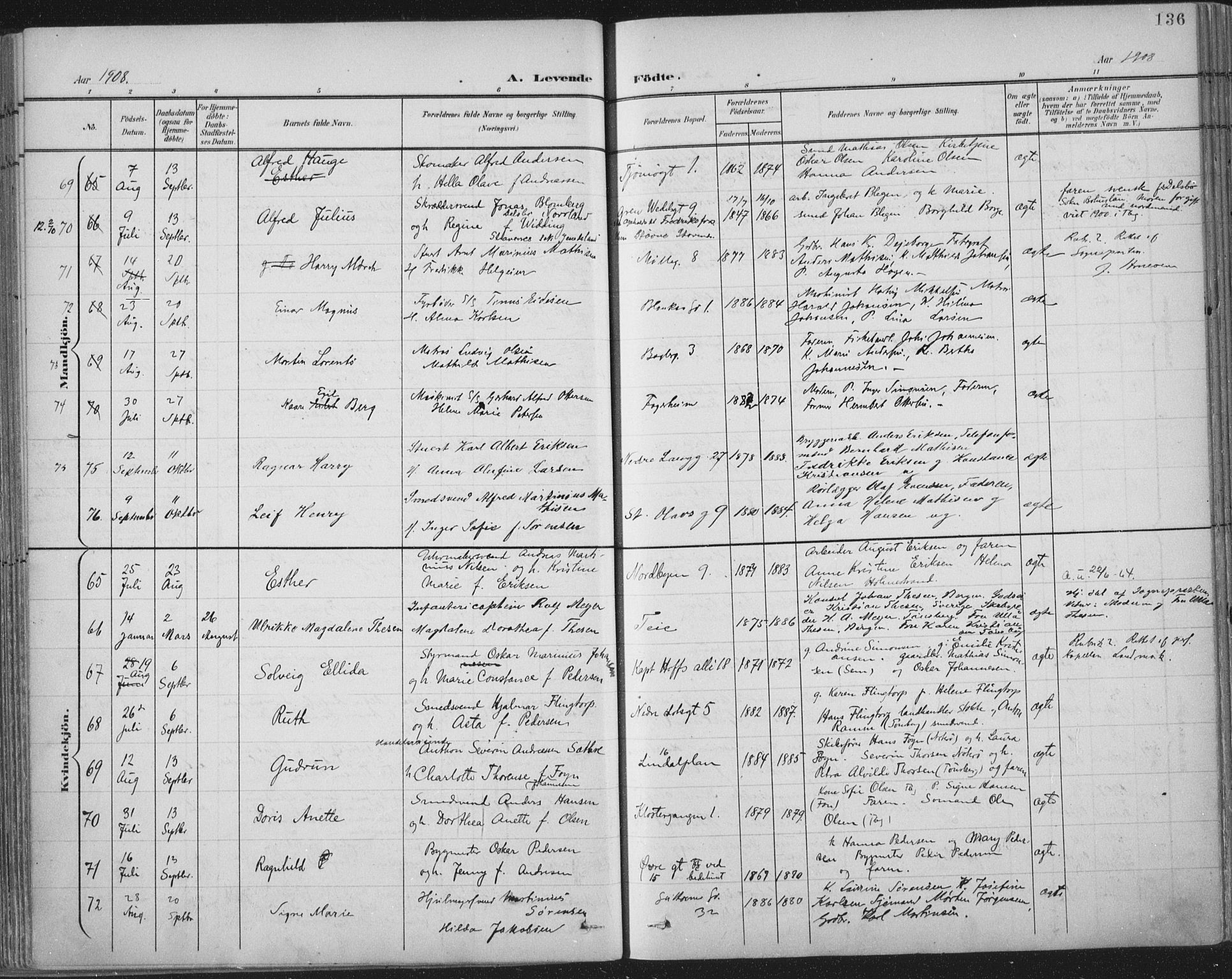 Tønsberg kirkebøker, SAKO/A-330/F/Fa/L0014: Parish register (official) no. I 14, 1900-1913, p. 136