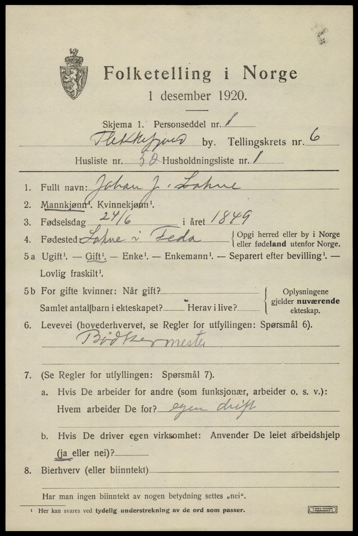 SAK, 1920 census for Flekkefjord, 1920, p. 6392
