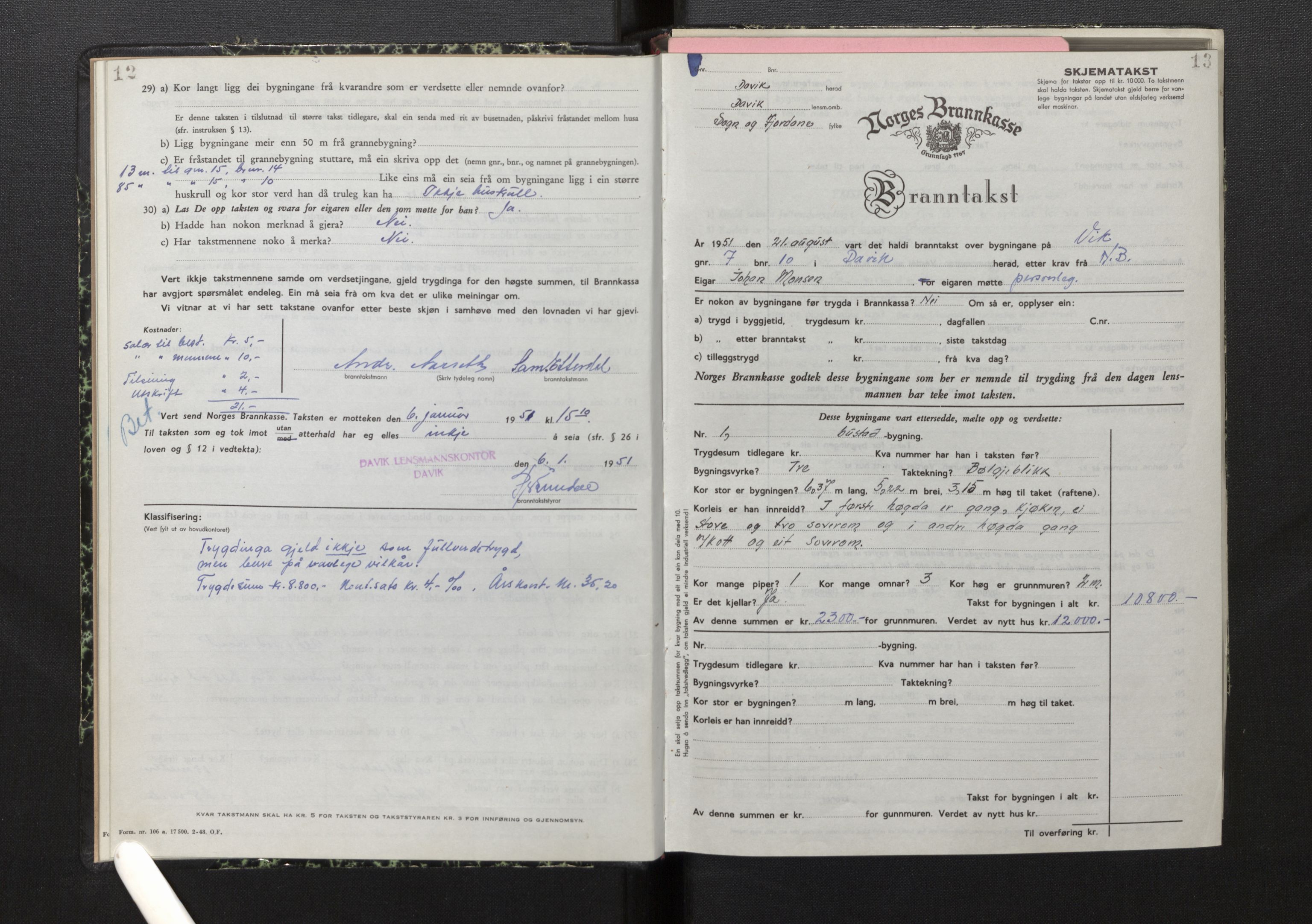 Lensmannen i Davik, SAB/A-26801/0012/L0005: Branntakstprotokoll, skjematakst, 1950-1953, p. 12-13