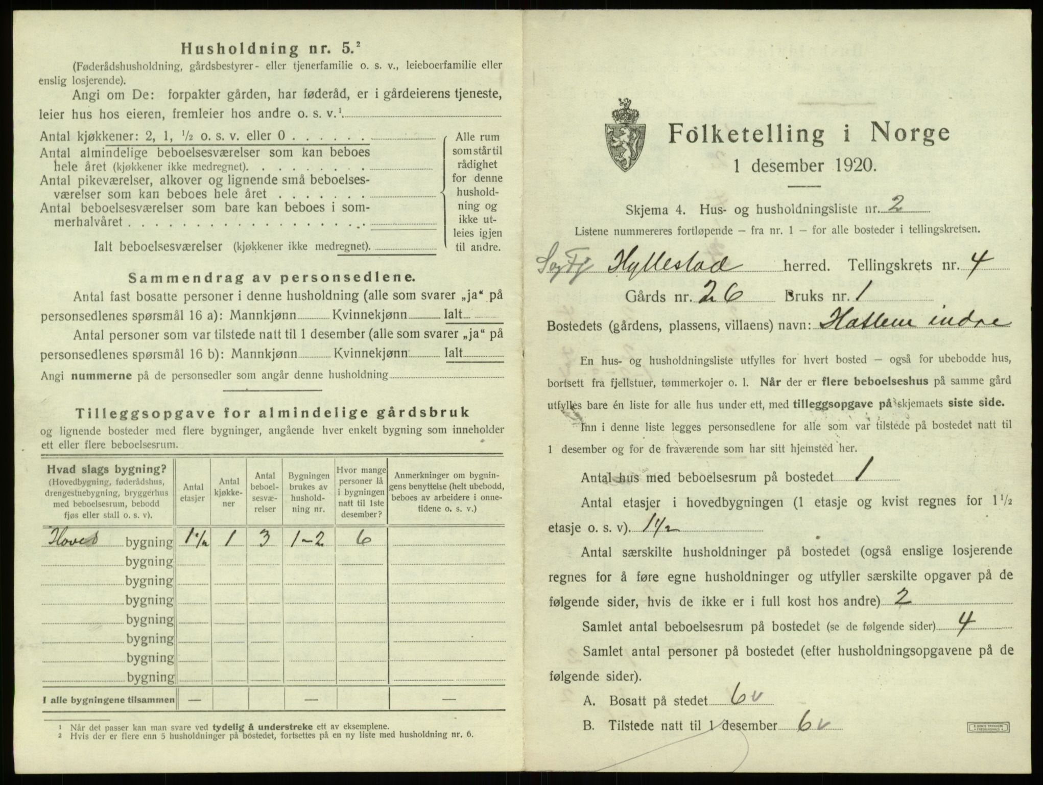 SAB, 1920 census for Hyllestad, 1920, p. 212