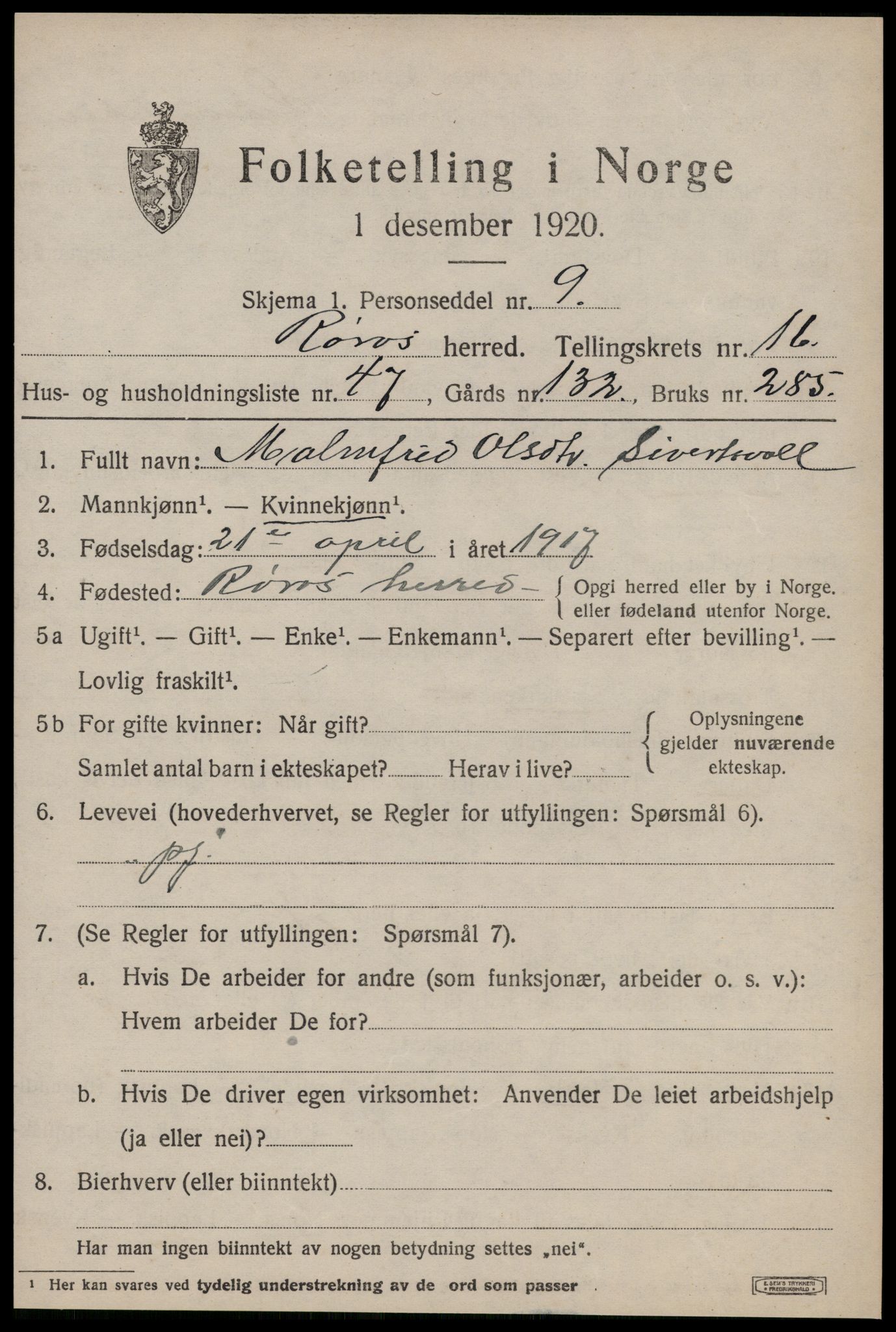 SAT, 1920 census for Røros, 1920, p. 11578