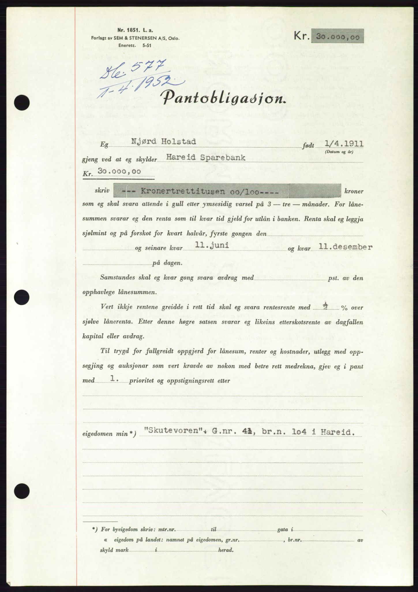 Søre Sunnmøre sorenskriveri, AV/SAT-A-4122/1/2/2C/L0121: Mortgage book no. 9B, 1951-1952, Diary no: : 577/1952