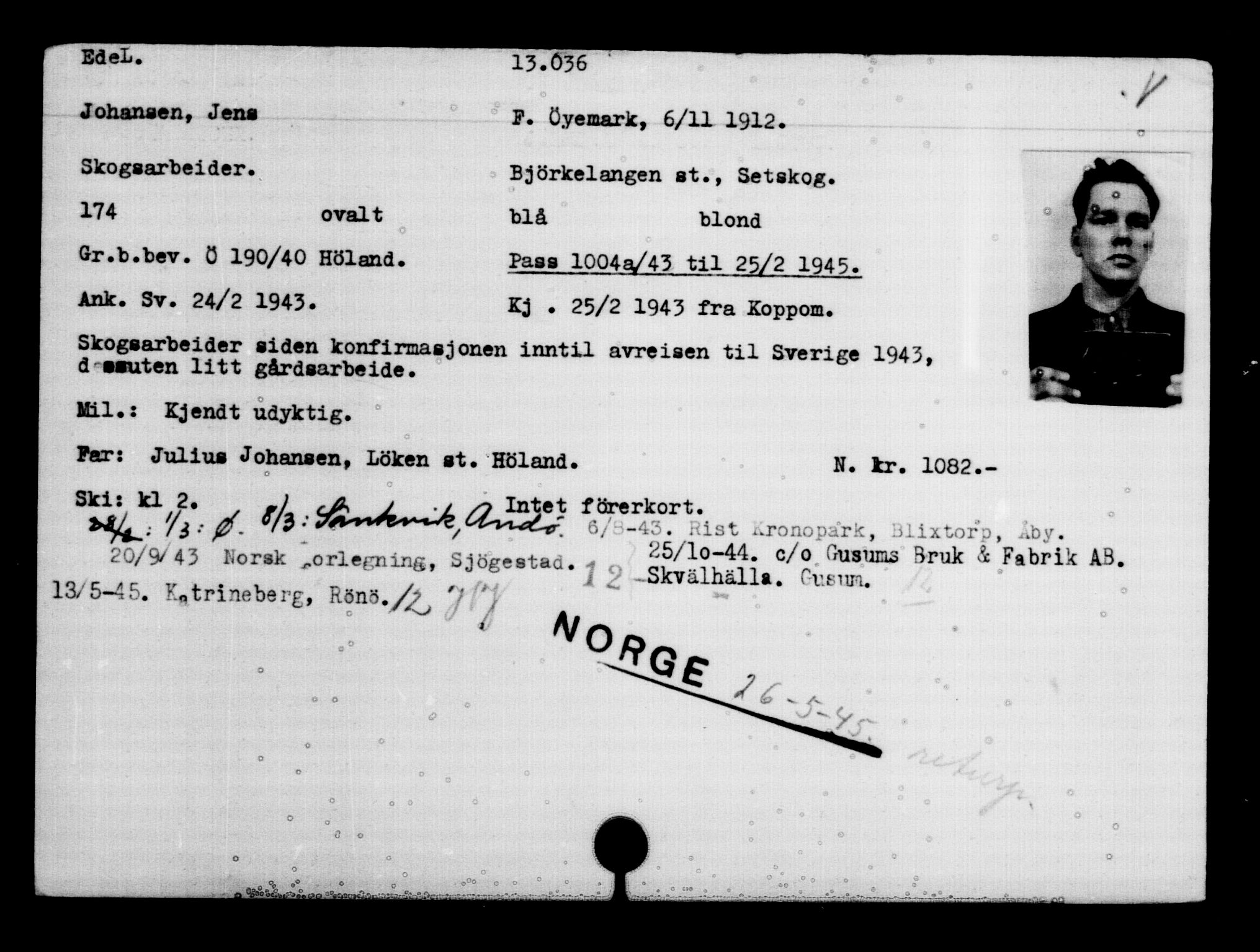 Utenriksstasjonene, Legasjonen i Stockholm, Flyktningkontoret, AV/RA-S-6753/V/Va/L0007: Kjesäterkartoteket, flyktninger med registreringsnr. 12700-15723, 1940-1945, p. 389