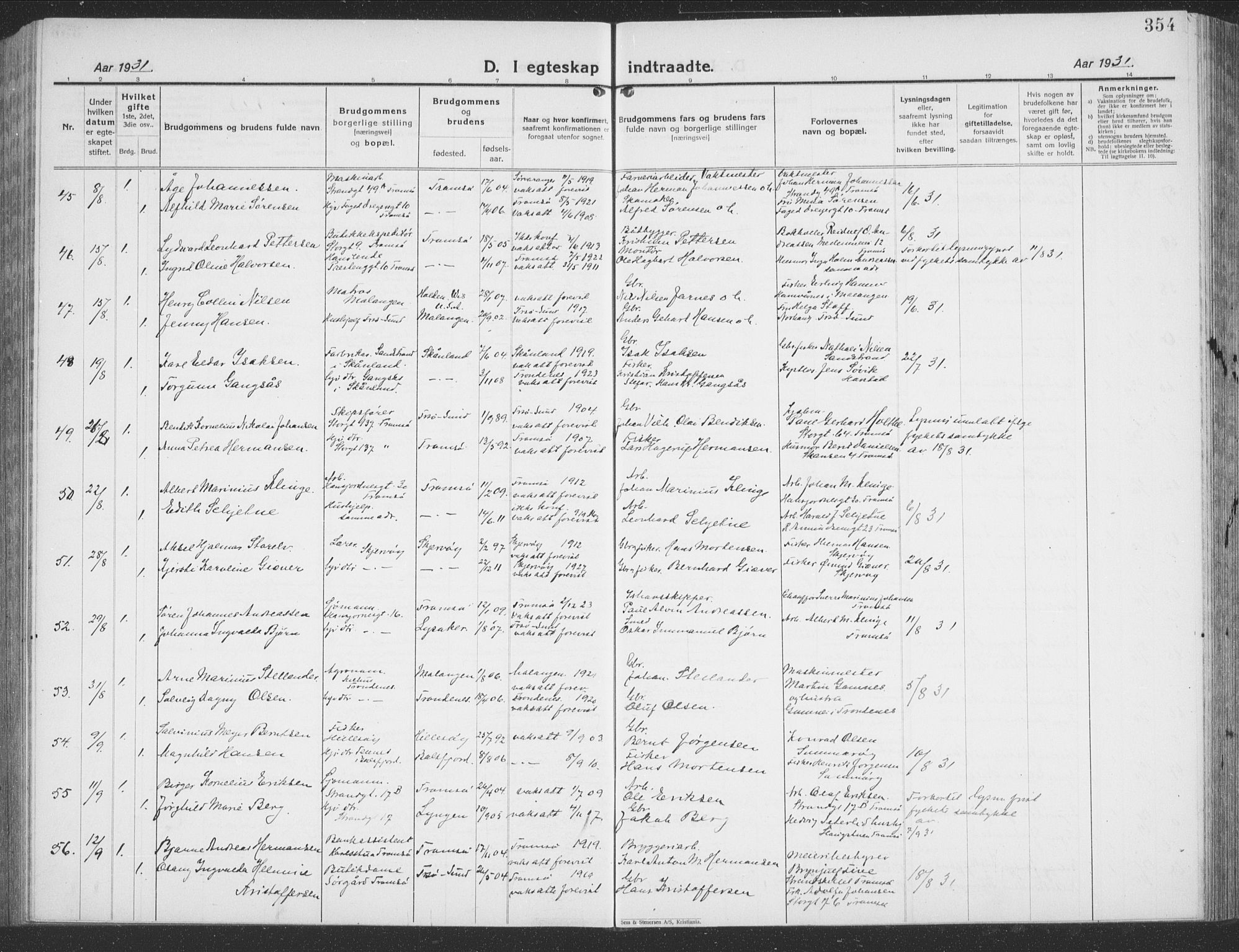 Tromsø sokneprestkontor/stiftsprosti/domprosti, AV/SATØ-S-1343/G/Gb/L0010klokker: Parish register (copy) no. 10, 1925-1937, p. 354