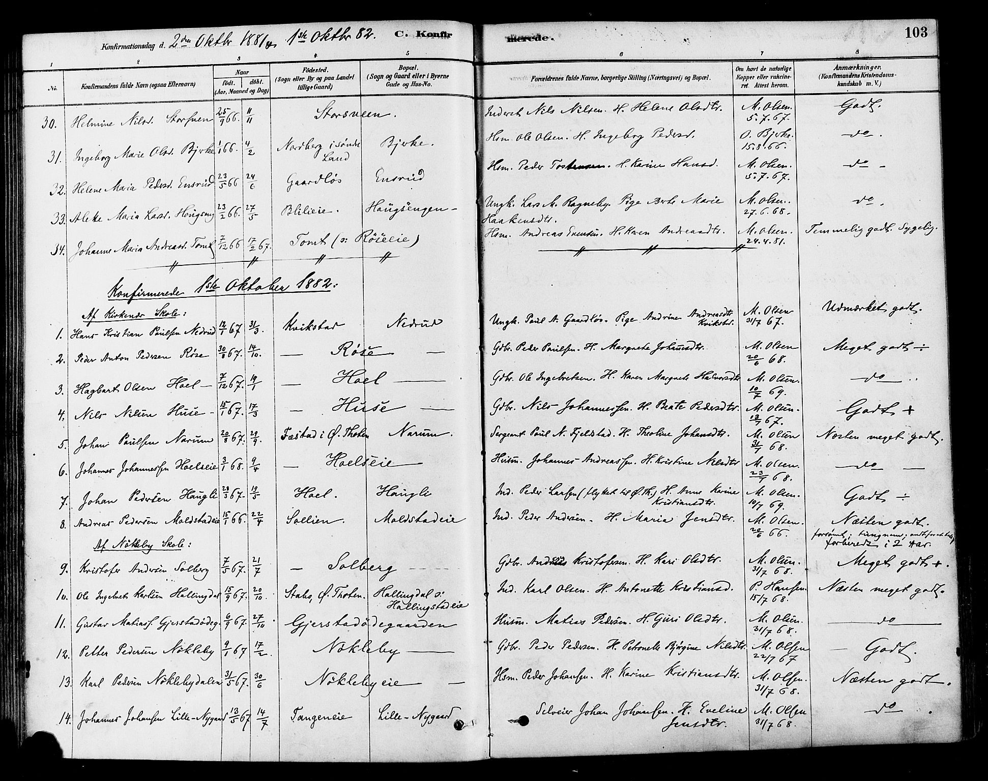 Vestre Toten prestekontor, SAH/PREST-108/H/Ha/Haa/L0010: Parish register (official) no. 10, 1878-1894, p. 103