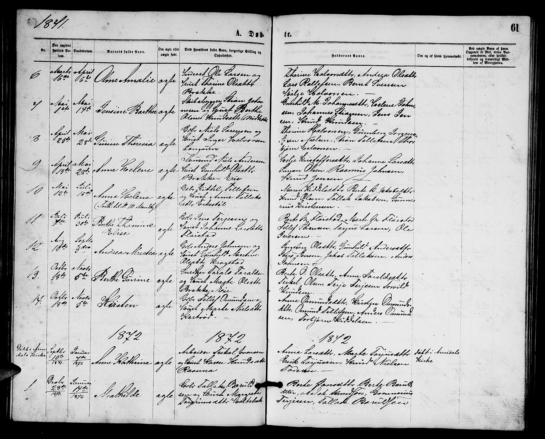 Austre Moland sokneprestkontor, SAK/1111-0001/F/Fb/Fba/L0002: Parish register (copy) no. B 2, 1869-1879, p. 61