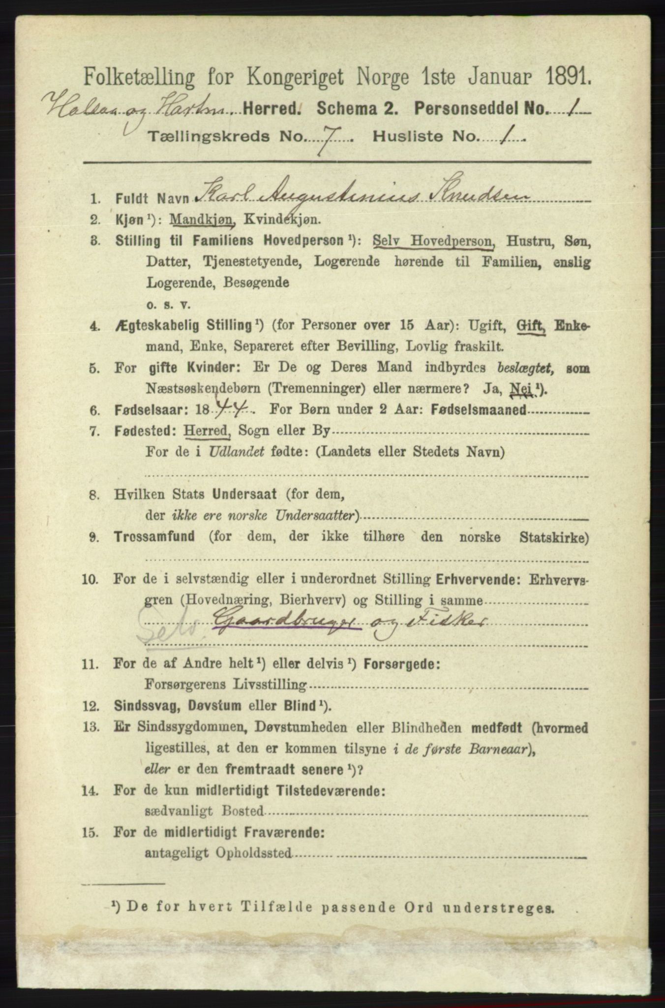 RA, 1891 census for 1019 Halse og Harkmark, 1891, p. 2743