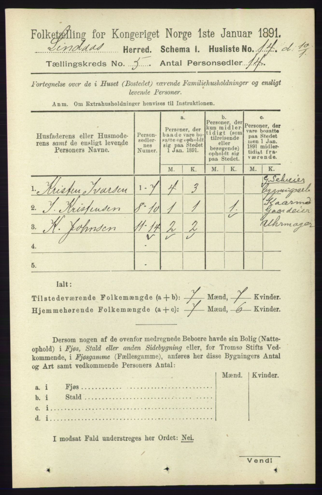 RA, 1891 census for 1263 Lindås, 1891, p. 1409