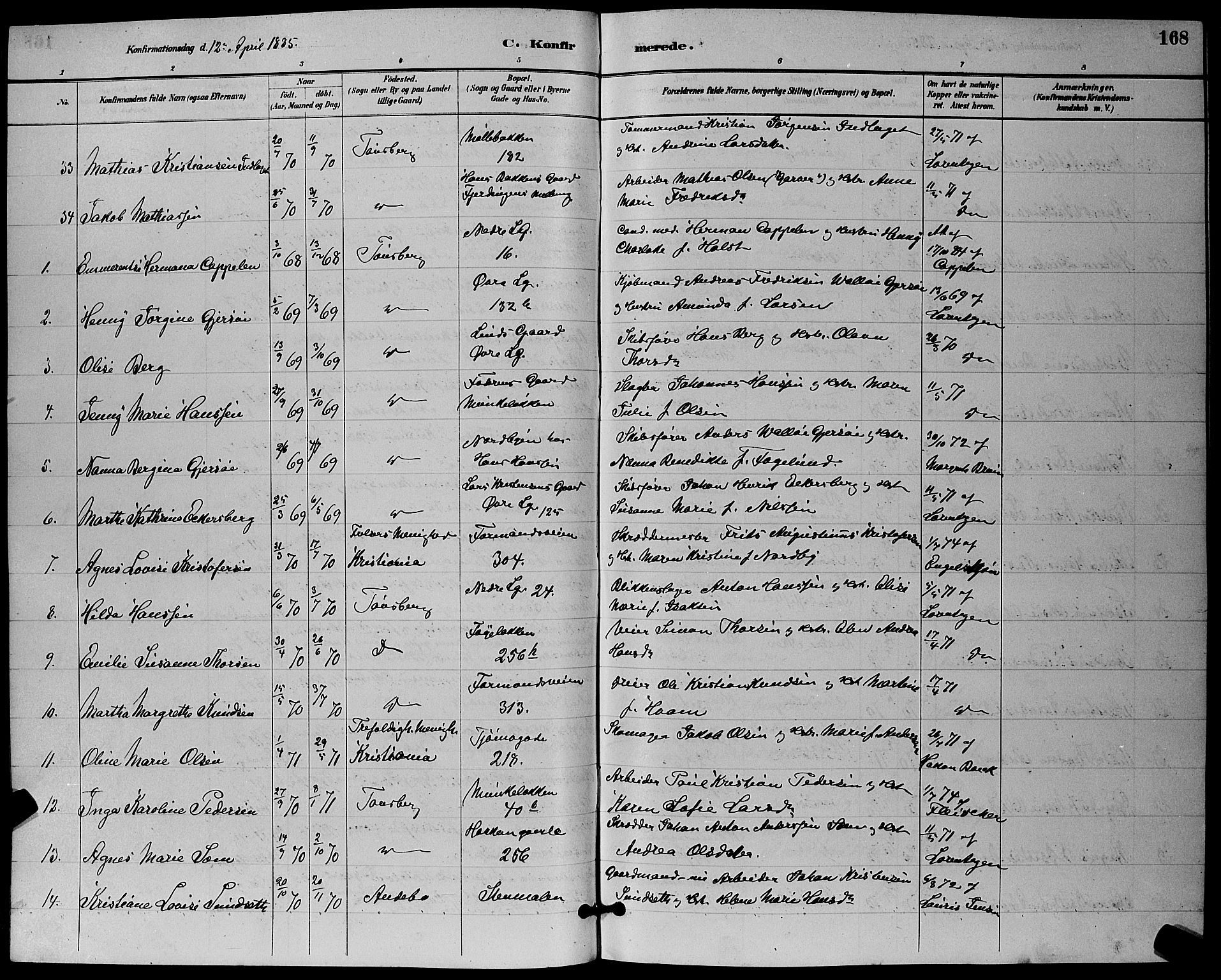 Tønsberg kirkebøker, AV/SAKO-A-330/G/Ga/L0006: Parish register (copy) no. 6, 1885-1895, p. 168