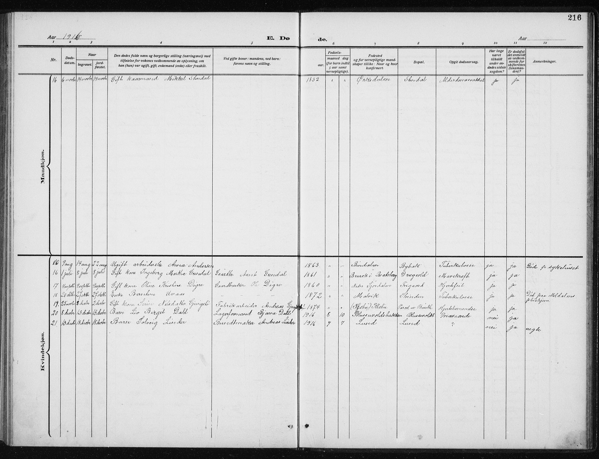 Ministerialprotokoller, klokkerbøker og fødselsregistre - Sør-Trøndelag, SAT/A-1456/606/L0314: Parish register (copy) no. 606C10, 1911-1937, p. 216