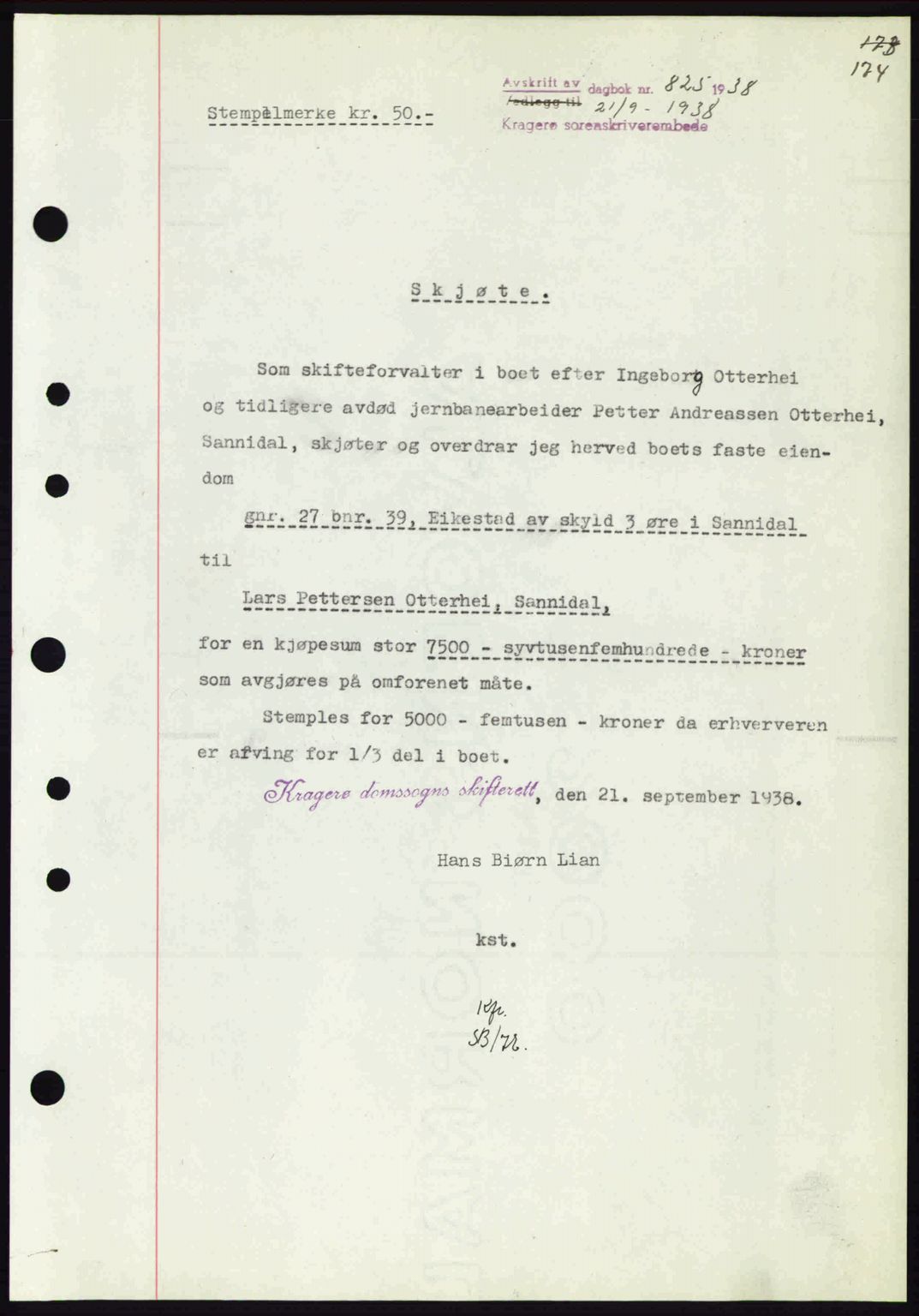 Kragerø sorenskriveri, AV/SAKO-A-65/G/Ga/Gab/L0050: Mortgage book no. 50, 1938-1939, Diary no: : 825/1938
