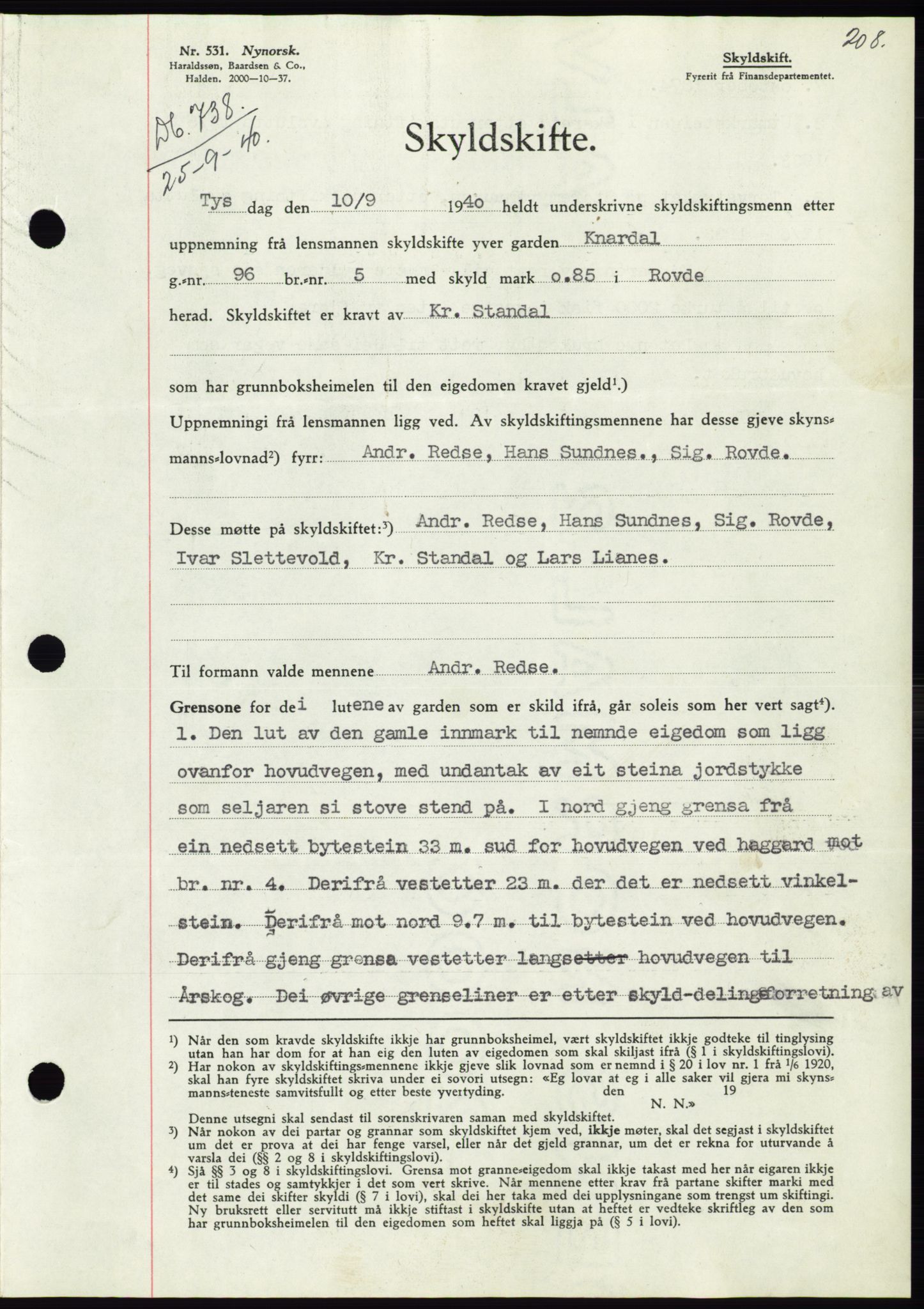 Søre Sunnmøre sorenskriveri, AV/SAT-A-4122/1/2/2C/L0070: Mortgage book no. 64, 1940-1941, Diary no: : 738/1940