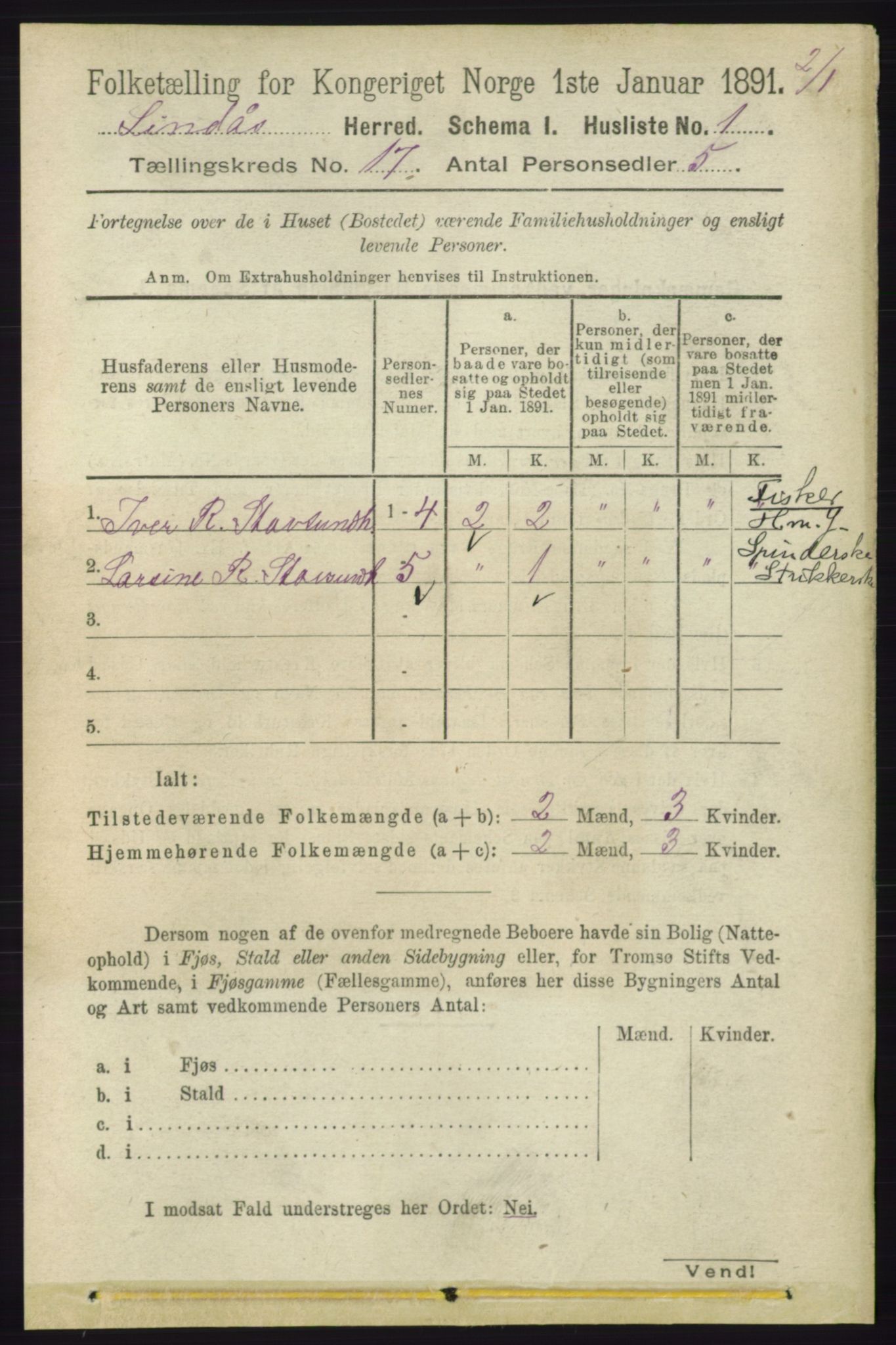 RA, 1891 census for 1263 Lindås, 1891, p. 6082