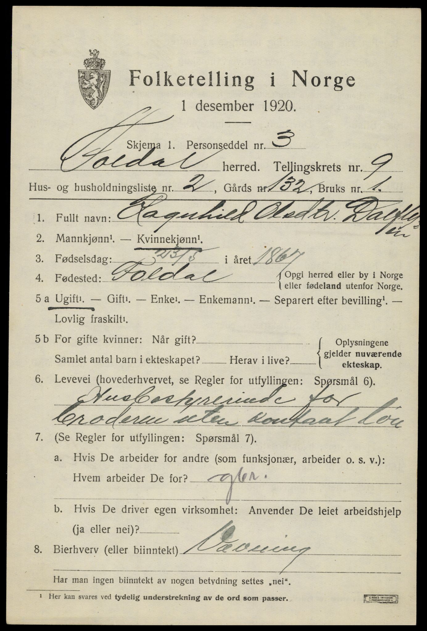 SAH, 1920 census for Folldal, 1920, p. 4587