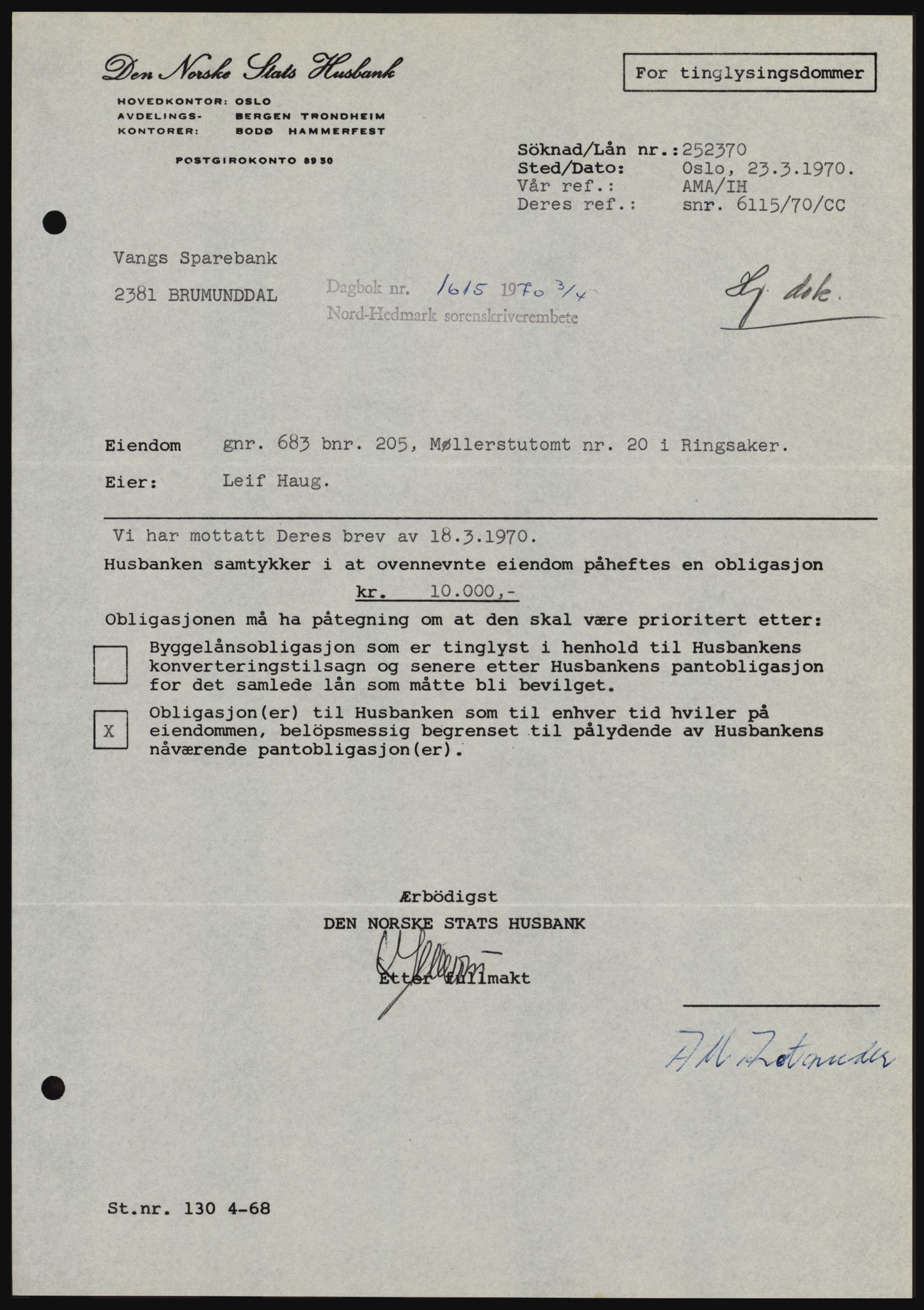 Nord-Hedmark sorenskriveri, SAH/TING-012/H/Hc/L0033: Mortgage book no. 33, 1970-1970, Diary no: : 1615/1970