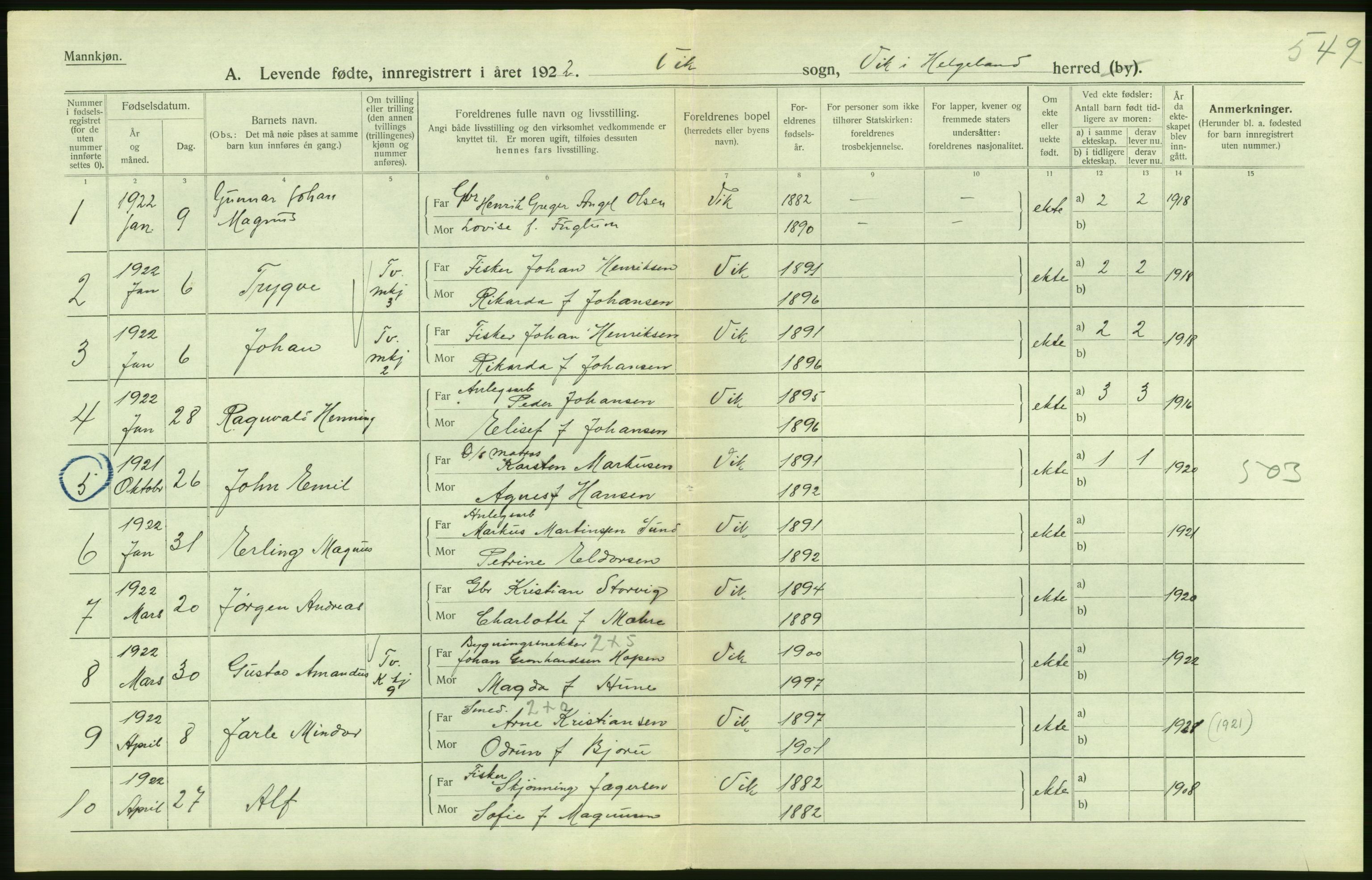 Statistisk sentralbyrå, Sosiodemografiske emner, Befolkning, AV/RA-S-2228/D/Df/Dfc/Dfcb/L0044: Nordland fylke: Levendefødte menn og kvinner. Bygder og byer., 1922, p. 500